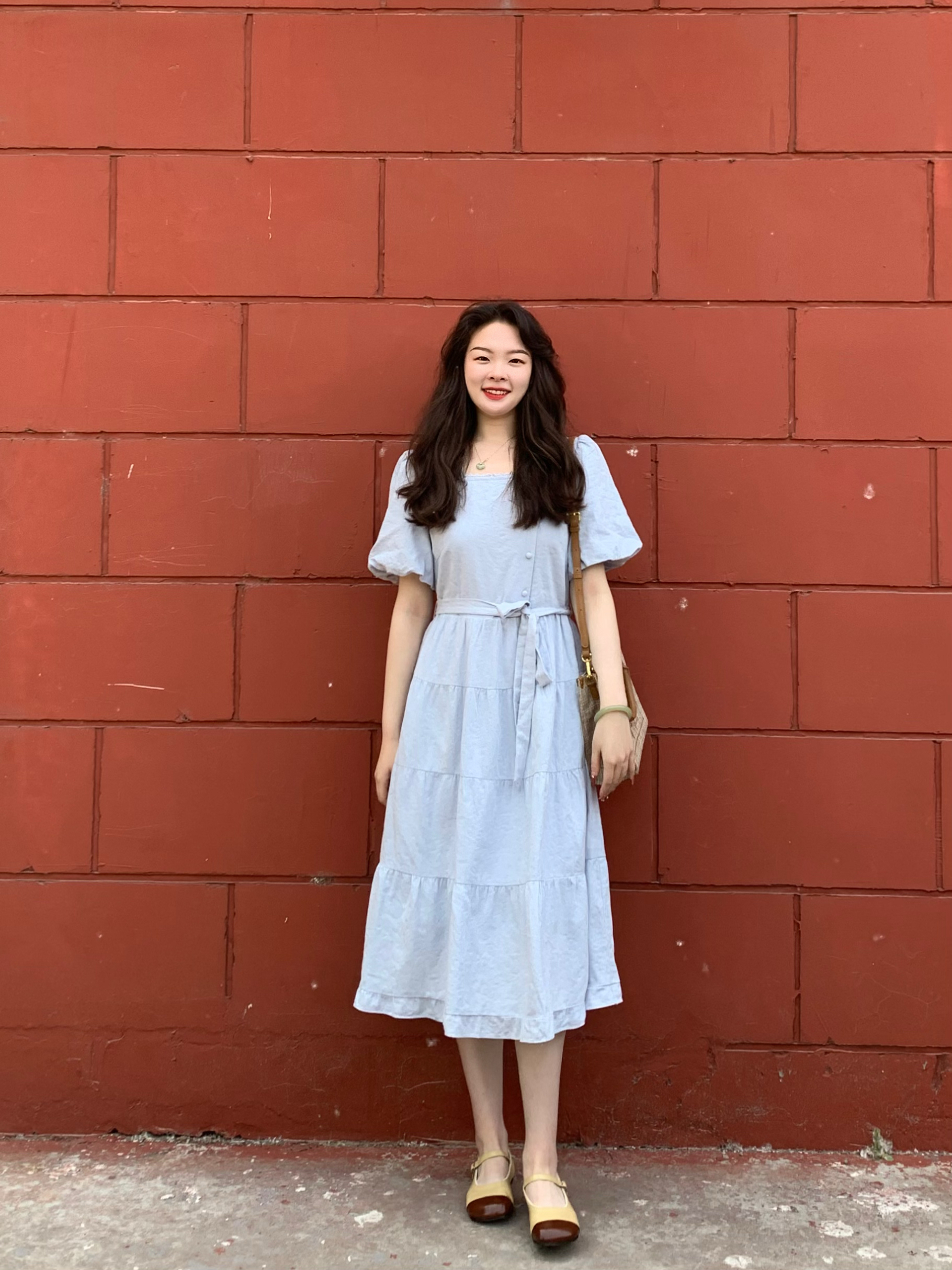 茵曼（INMAN）法式方领收腰纯棉显瘦2026年夏季新款女装连衣裙裙子 蓝色 S 实拍图