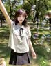 哈鲁迪法式娃娃领条纹衬衣女甜美学院风蝴蝶结泡泡袖设计感小众短袖上衣 条纹 M （85-105斤） 实拍图