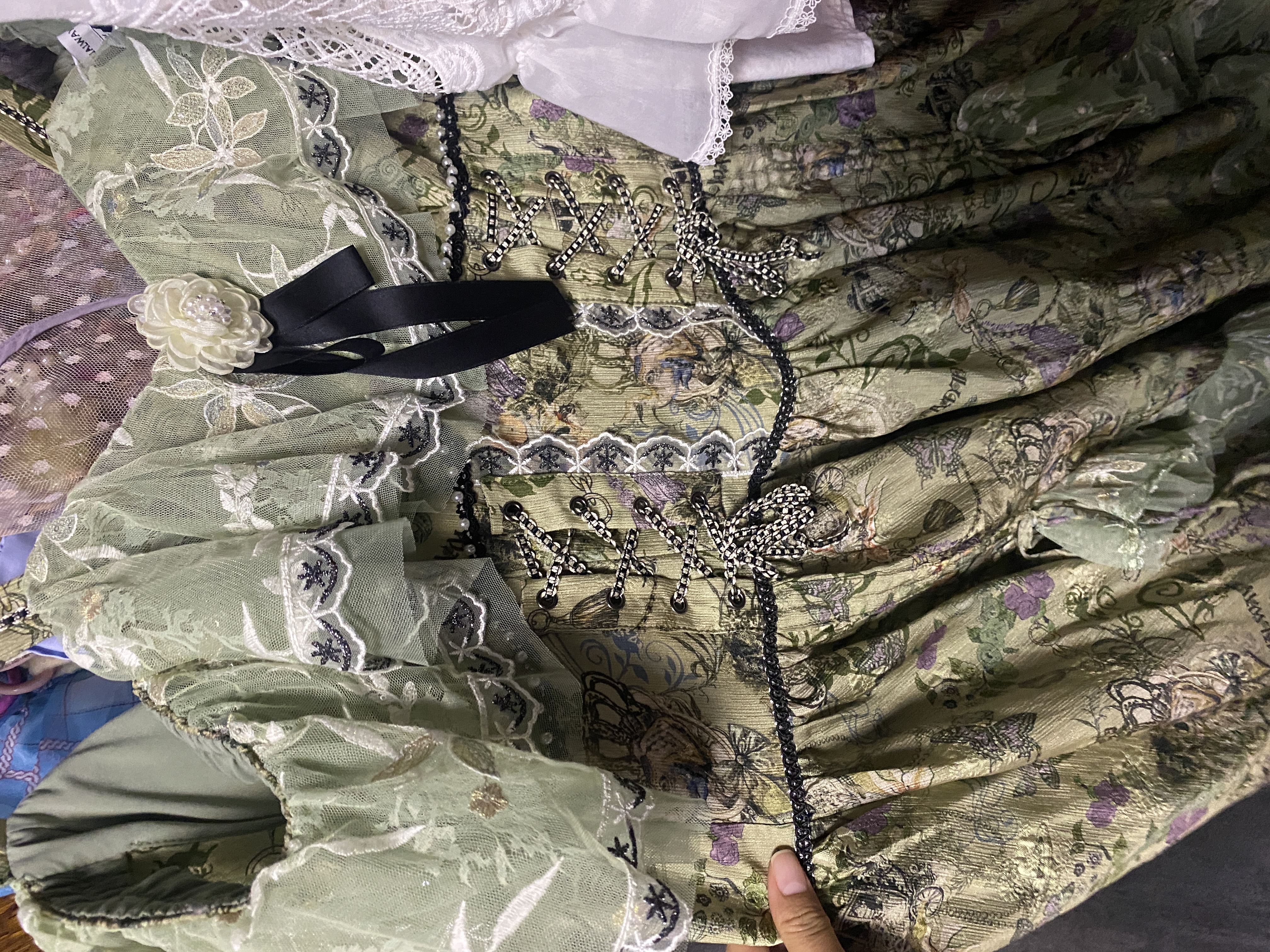 LULUALWAYS华服系列-窈窕淑女25夏季新款法式复古公主露肩连衣裙 绿色 M 实拍图