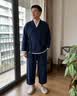 花花公子（PLAYBOY）春夏季中国风汉服男古风茶服禅意道士袍外套居士服七分袖长衫长袍 深蓝色（上衣+裤子） M 晒单实拍图