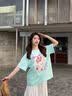 森女部落原创蛋糕印花圆领蕾丝花边拼接抗菌T恤夏短袖女上衣宽松 绿色（单件） 单件 M 单件 实拍图