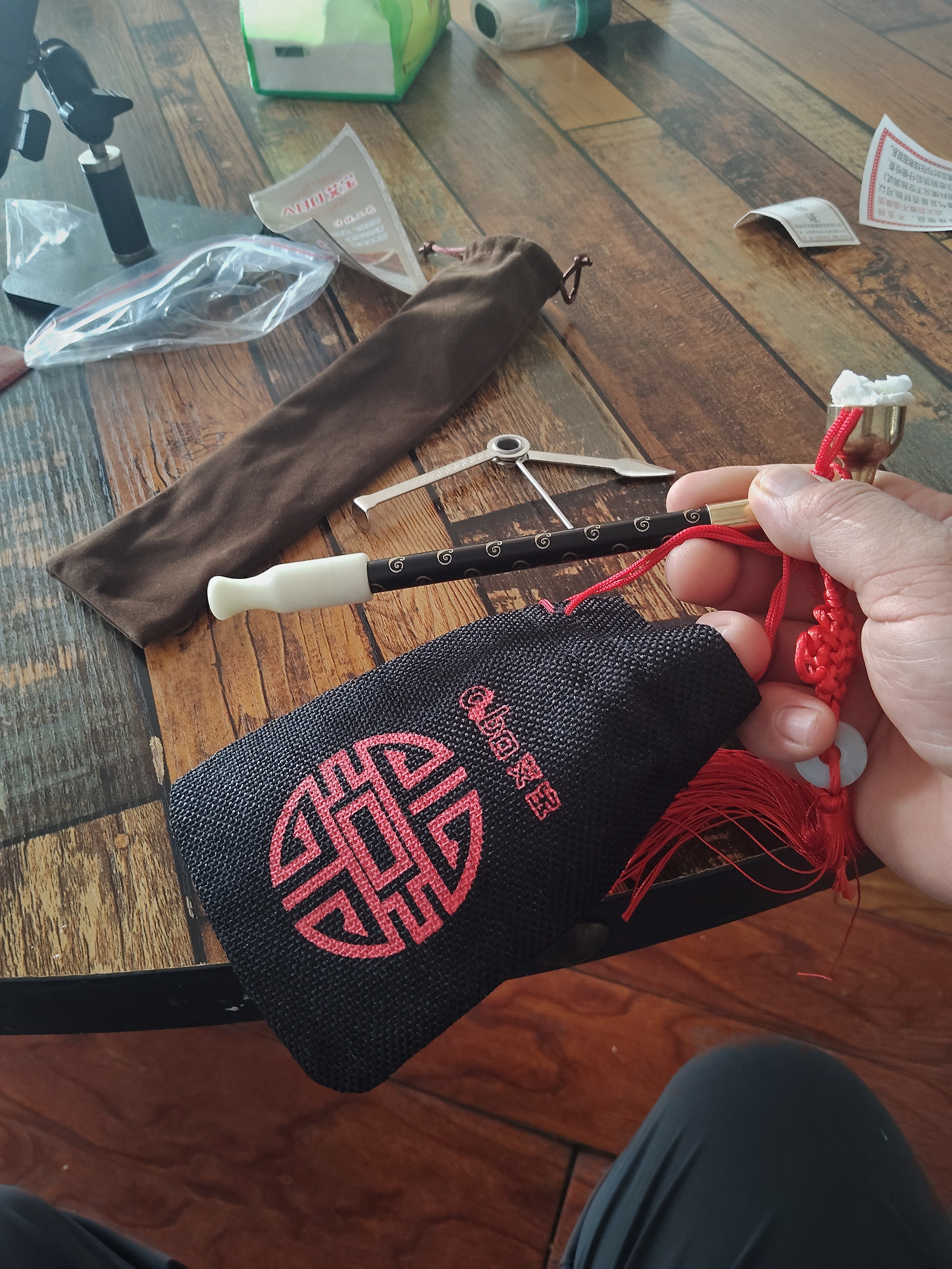 艾宝（abo） 复古传统黄铜旱烟袋锅子老式天然玉石嘴手工实木印花杆老人礼品 总长20cm-A款普通型 实拍图