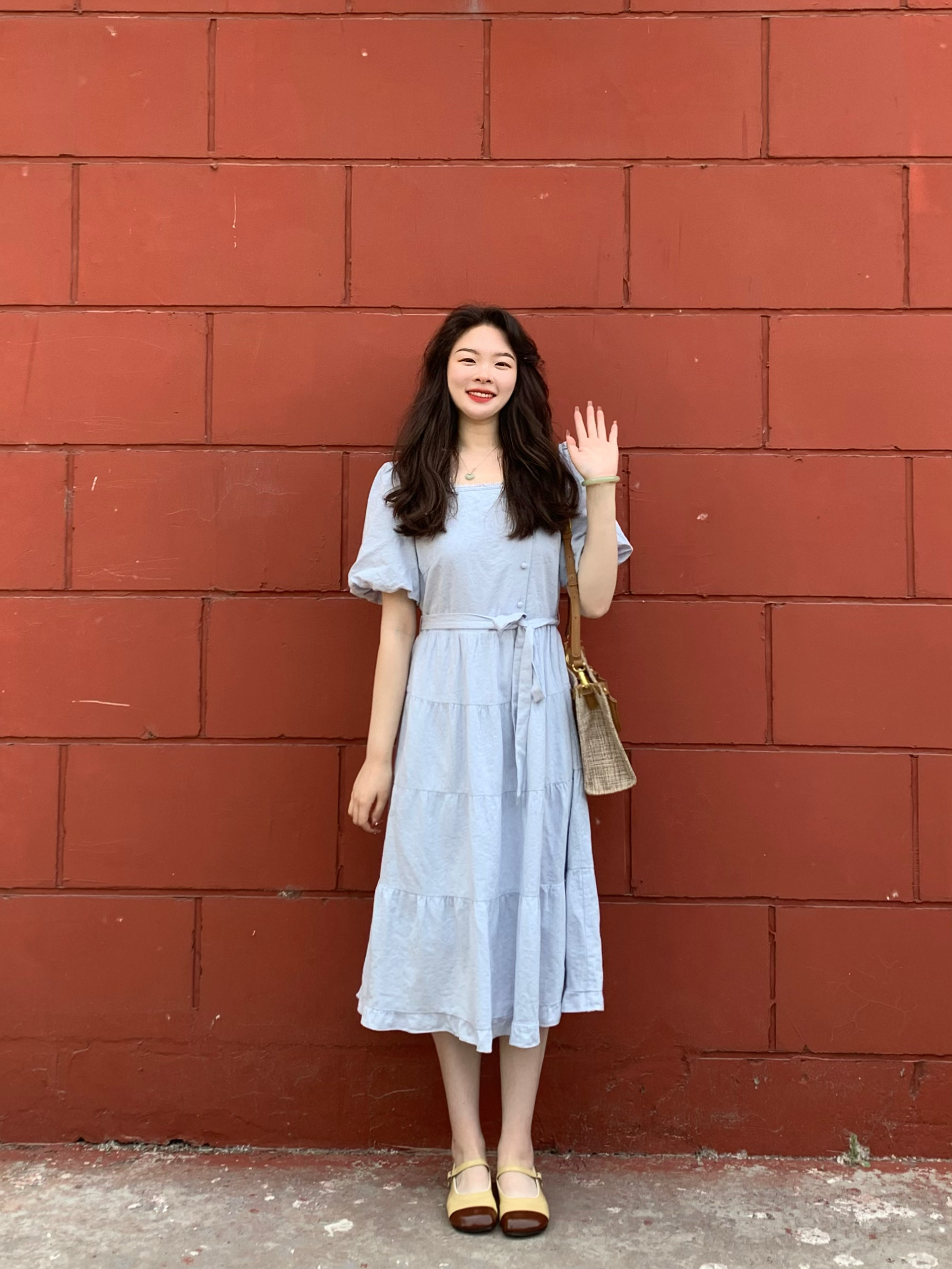 茵曼（INMAN）法式方领收腰纯棉显瘦2026年夏季新款女装连衣裙裙子 蓝色 S 实拍图