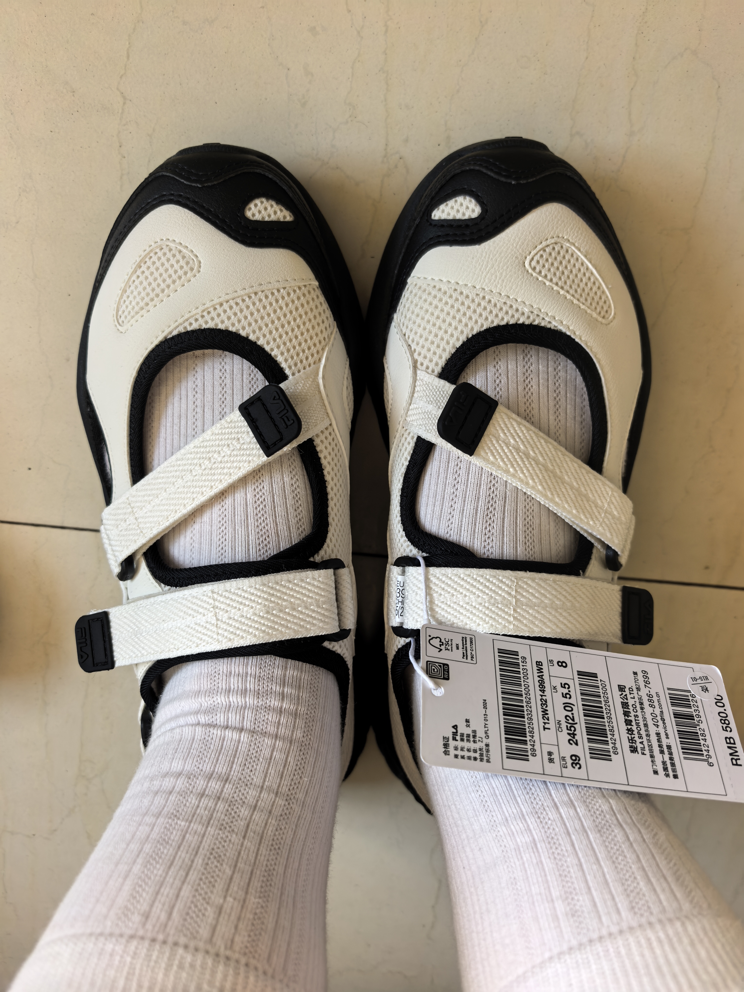 斐乐（FILA）FUSION斐乐玛丽珍凉鞋女鞋凉拖魔术贴海螺沙滩鞋 微白/黑-WB 39 实拍图
