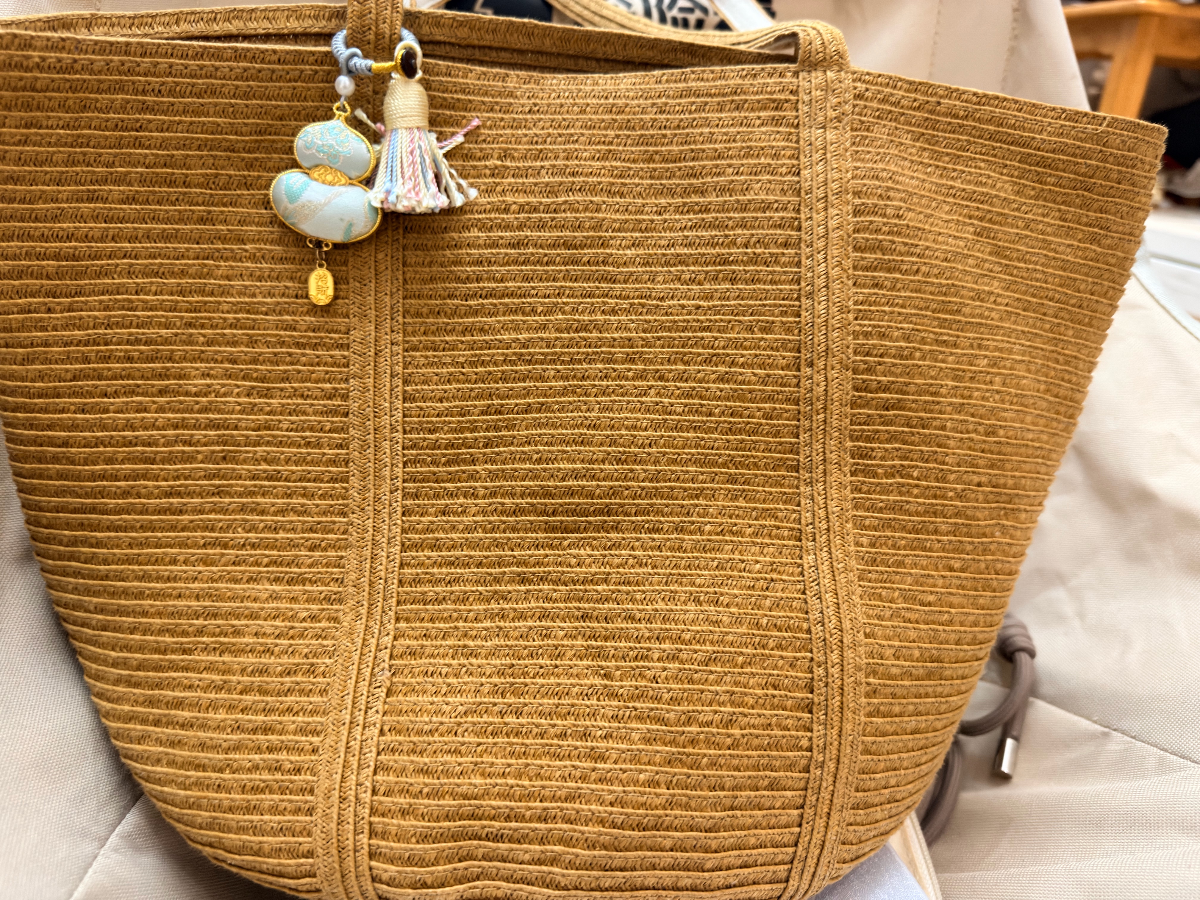 MUJI 纸编托特包 挎包女包 包包轻便手提包编织包通勤 浅棕色 大 底部直径25*高25cm 实拍图