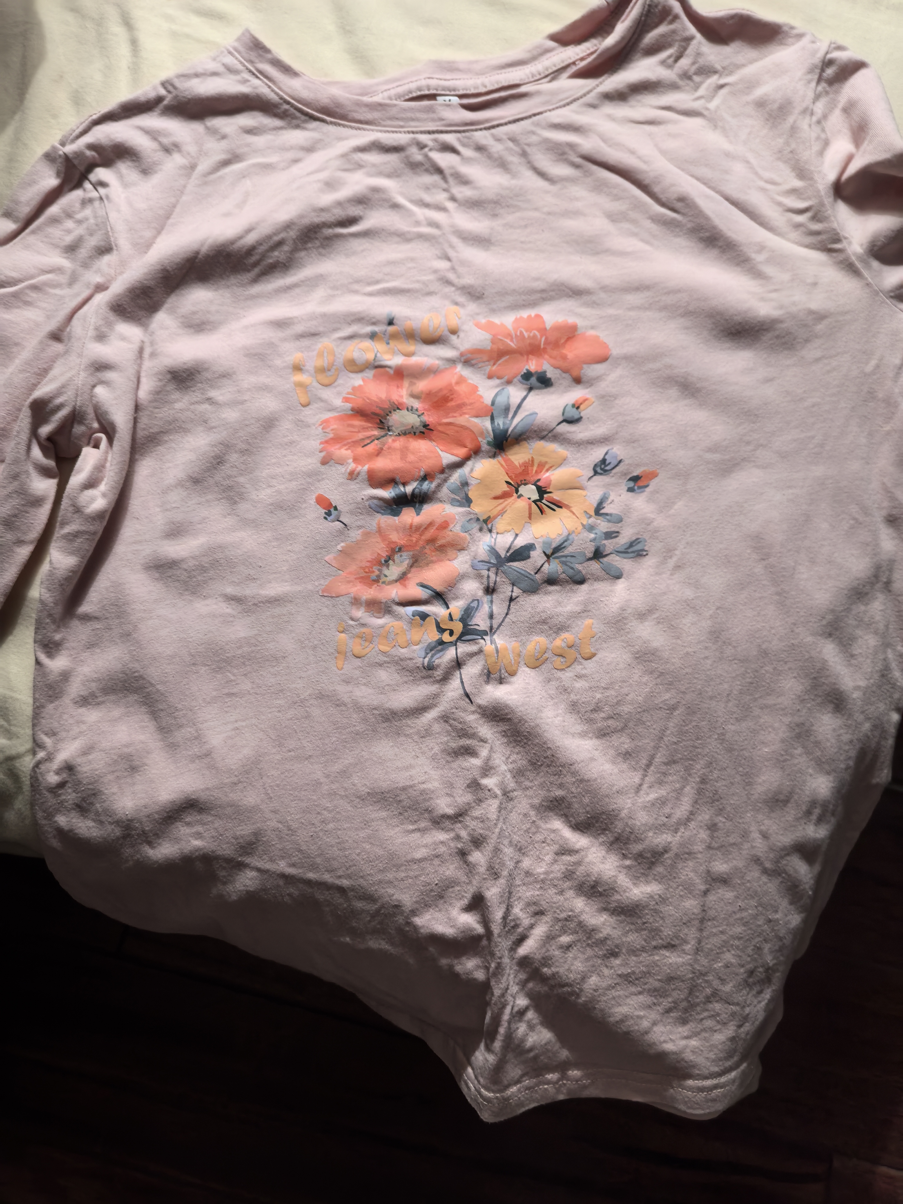 真维斯（Jeanswest）长袖t恤女2026春夏正肩纯棉宽松上衣女小清新印花时尚灰粉M 实拍图