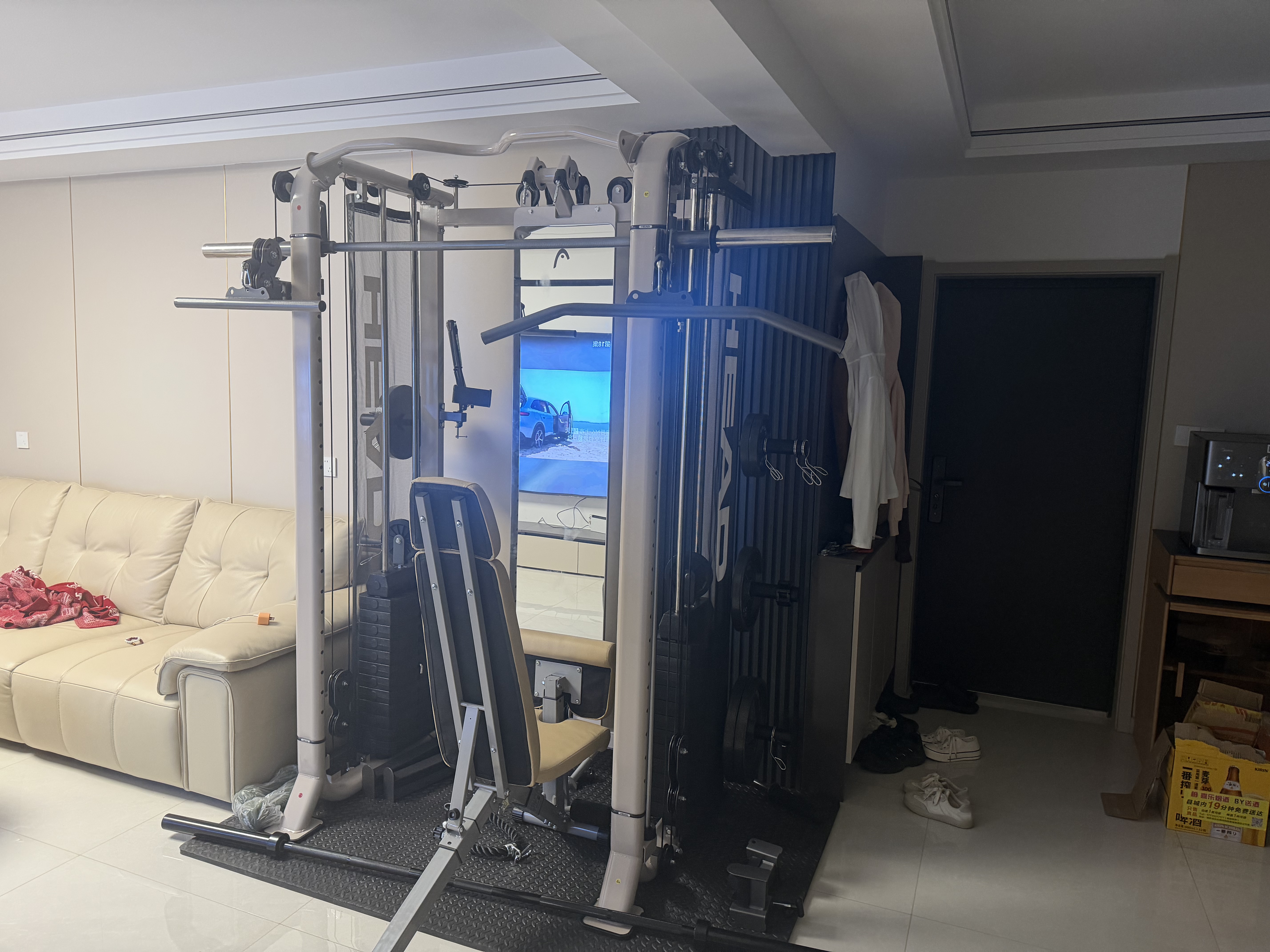 海德（HEAD）龙门架家用力量站健身器材飞鸟多功能一体机史密斯机综合训练器 全身镜时尚奶咖+65KG杠铃片+奥杆 实拍图