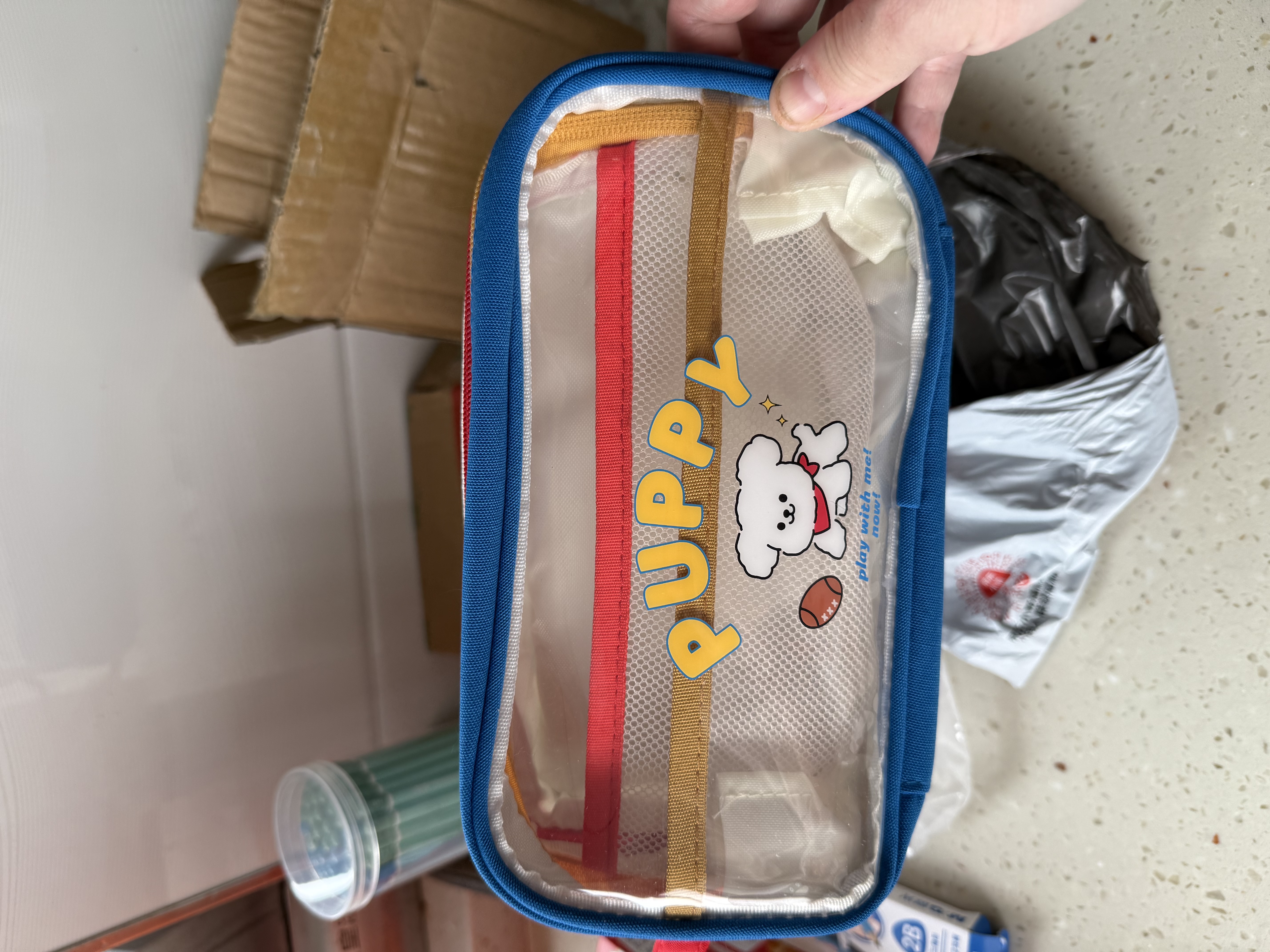 三年二班 可爱小狗大容量笔袋 三层收纳文具盒小学生文具袋笔袋学习用品铅笔盒 蓝色 实拍图