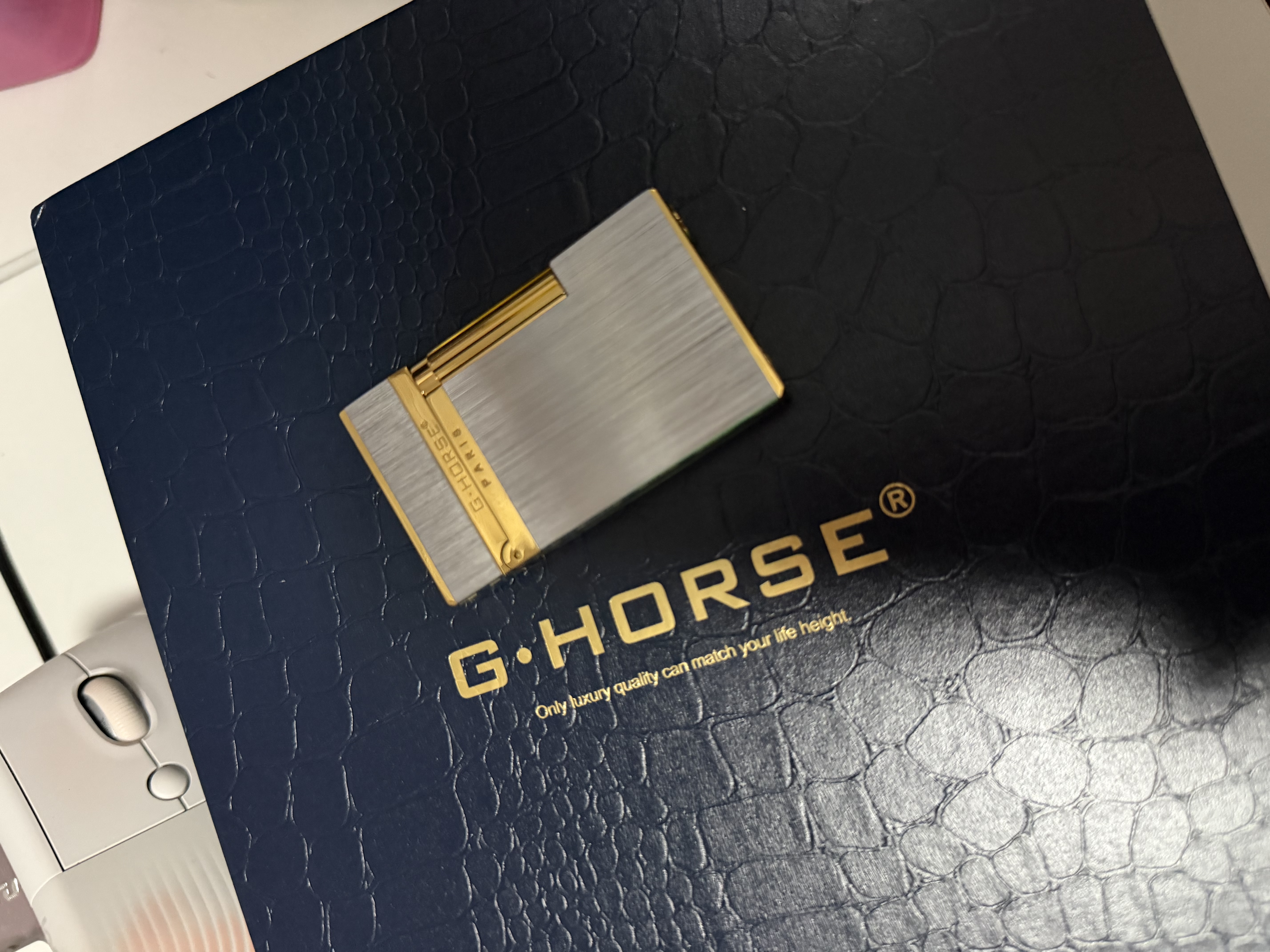 神骏（GHORSE）法国高端个性纯黄铜清脆砂轮充气体朗声打火机男士侧滑个性送礼品 金镶银 套装 1个 实拍图