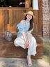 妍莉芬（yanlifen）韩系穿搭女装套装夏季设计感斜肩蓝色衬衫阔腿裤子两件套女新款 蓝色衬衫+白色裤子 S 实拍图