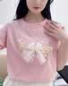 红蜻蜓春夏季重工印花短袖女T恤蝴蝶结装饰体恤女士2026新款设计感上衣 粉色短袖 L 实拍图