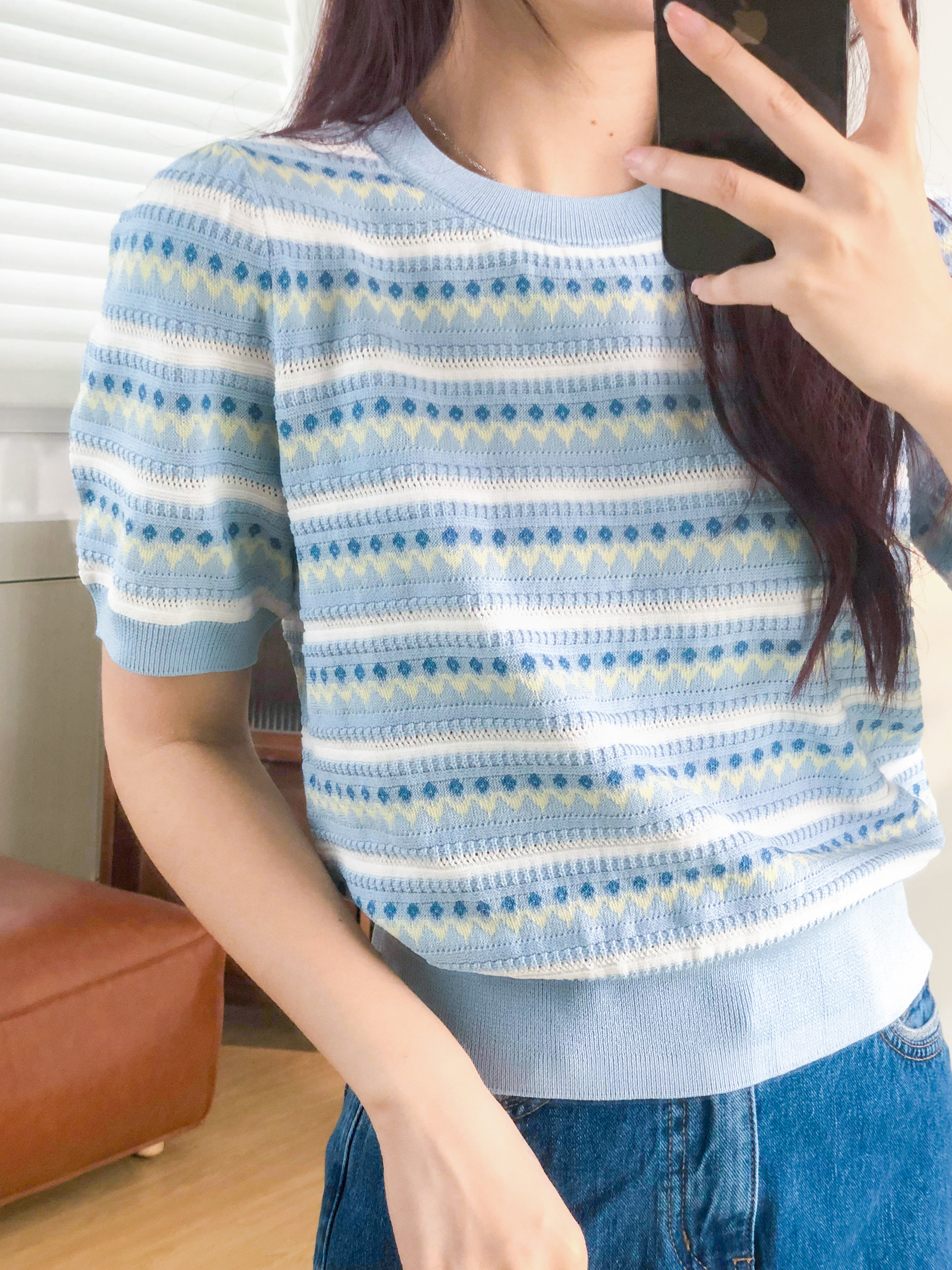 茵曼【秀场同款】索罗纳凉感条纹短袖女26夏针织衫上衣蓝色S 实拍图