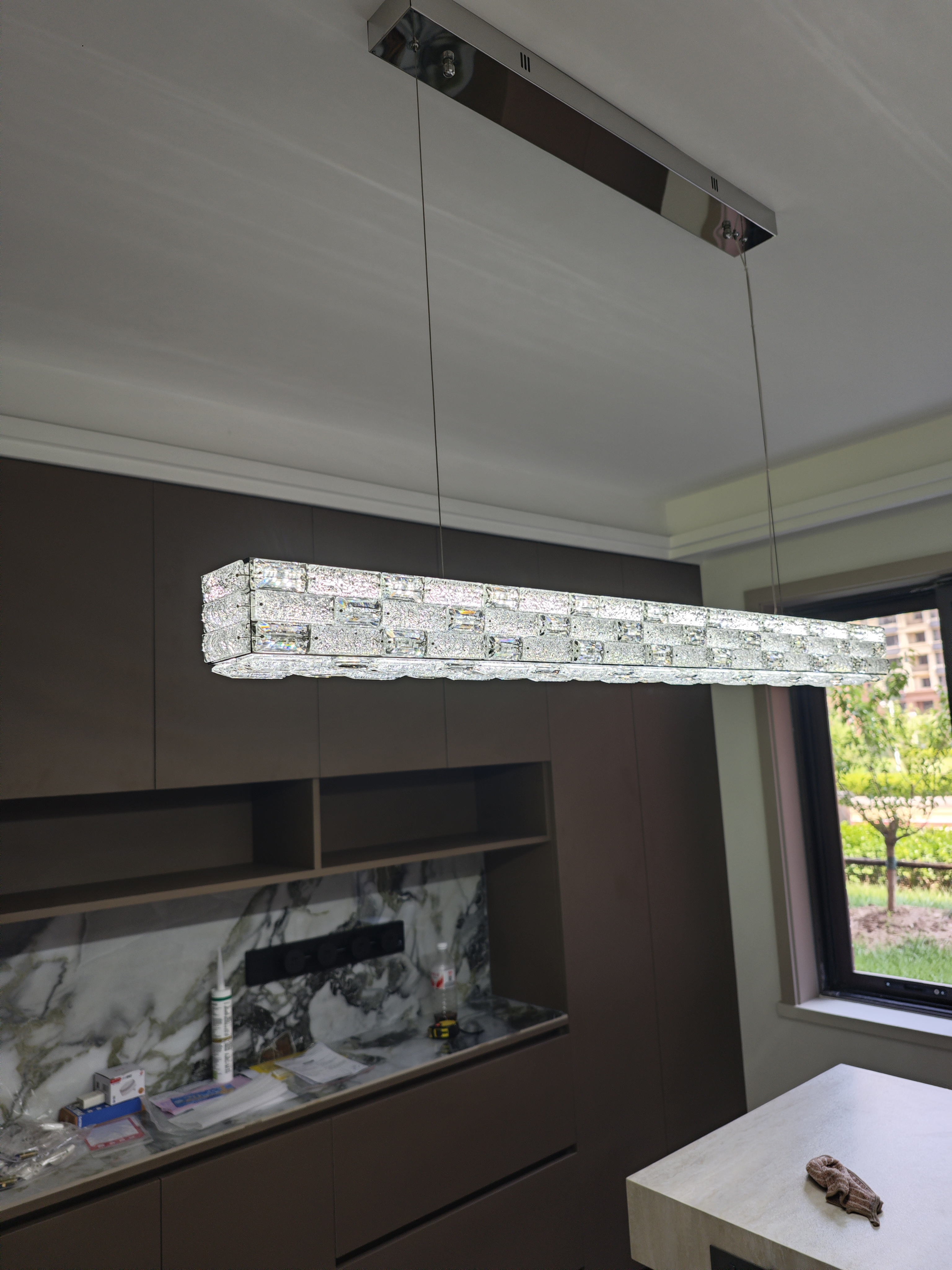 美莎拉帝高级感轻奢水晶长条餐厅吊灯吧台led灯简约茶室客厅餐桌一字灯具 120CM 智能控制+无极调光+遥控 实拍图