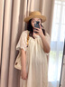 革曼孕妇装夏装宽松大码上衣遮肚子夏季裙子泡泡袖孕妇连衣裙夏天裙子 米白色 L(建议110-130斤) 实拍图