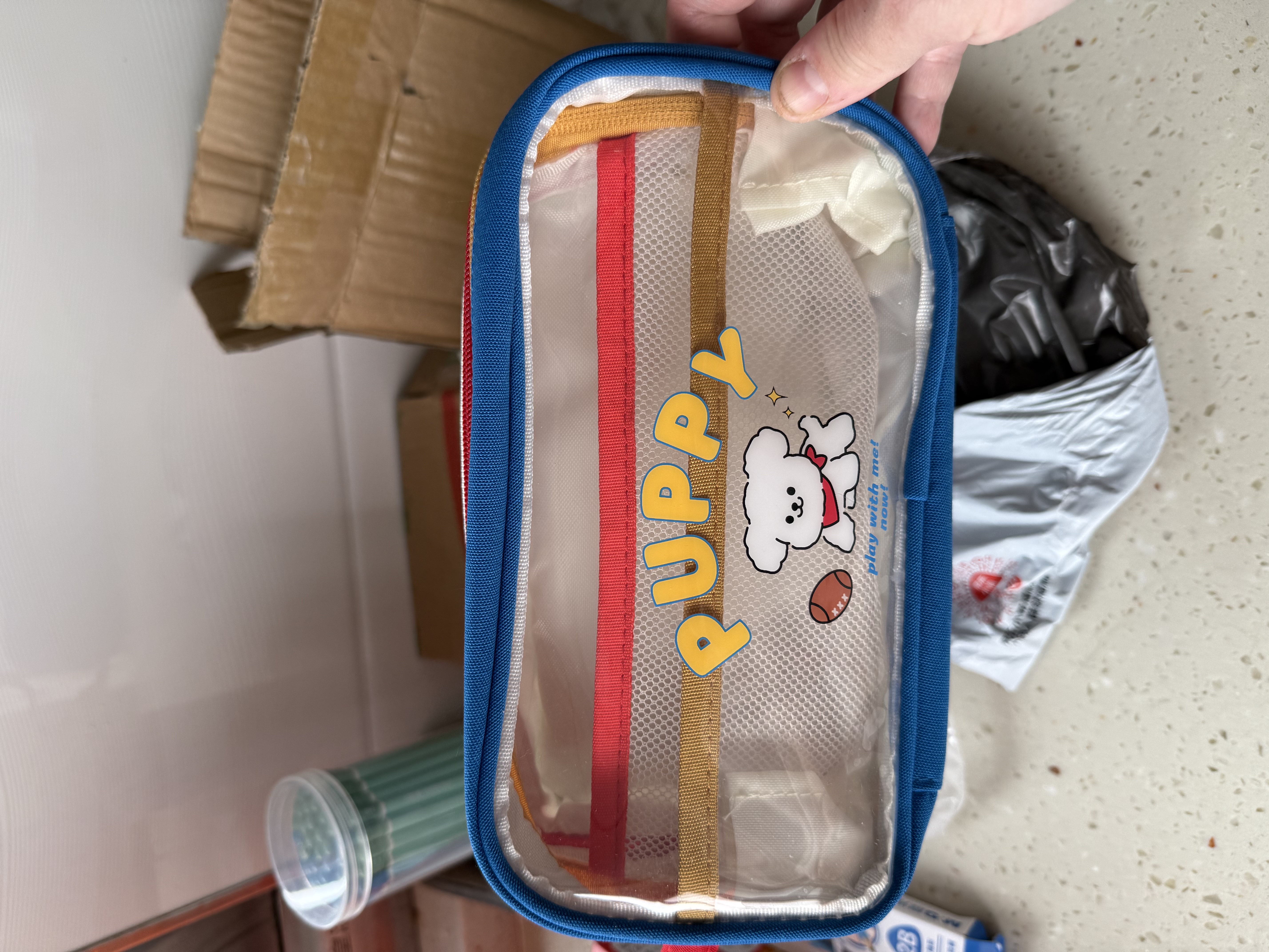 三年二班 可爱小狗大容量笔袋 三层收纳文具盒小学生文具袋笔袋学习用品铅笔盒 蓝色 实拍图