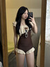 南木熊泳衣女2026新款两件套绝美连体荷叶边保守微胖遮肉显瘦泡温泉泳装 咖色荷叶边两件套泳衣 均码 【80-120斤】 实拍图