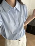 茵曼通勤压褶泡泡袖全棉衬衫夏季女装翻领刺绣衬衣上衣 浅蓝色  L 实拍图
