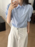 茵曼通勤压褶泡泡袖全棉衬衫夏季女装翻领刺绣衬衣上衣 浅蓝色  L 实拍图