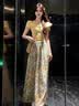 丹珠娜（DanZhuNa）小香风连衣裙套装女2026夏季新款法式温柔风甜美碎花长裙子两件套 黄色上衣+碎花长裙 裙长87cm S 实拍图