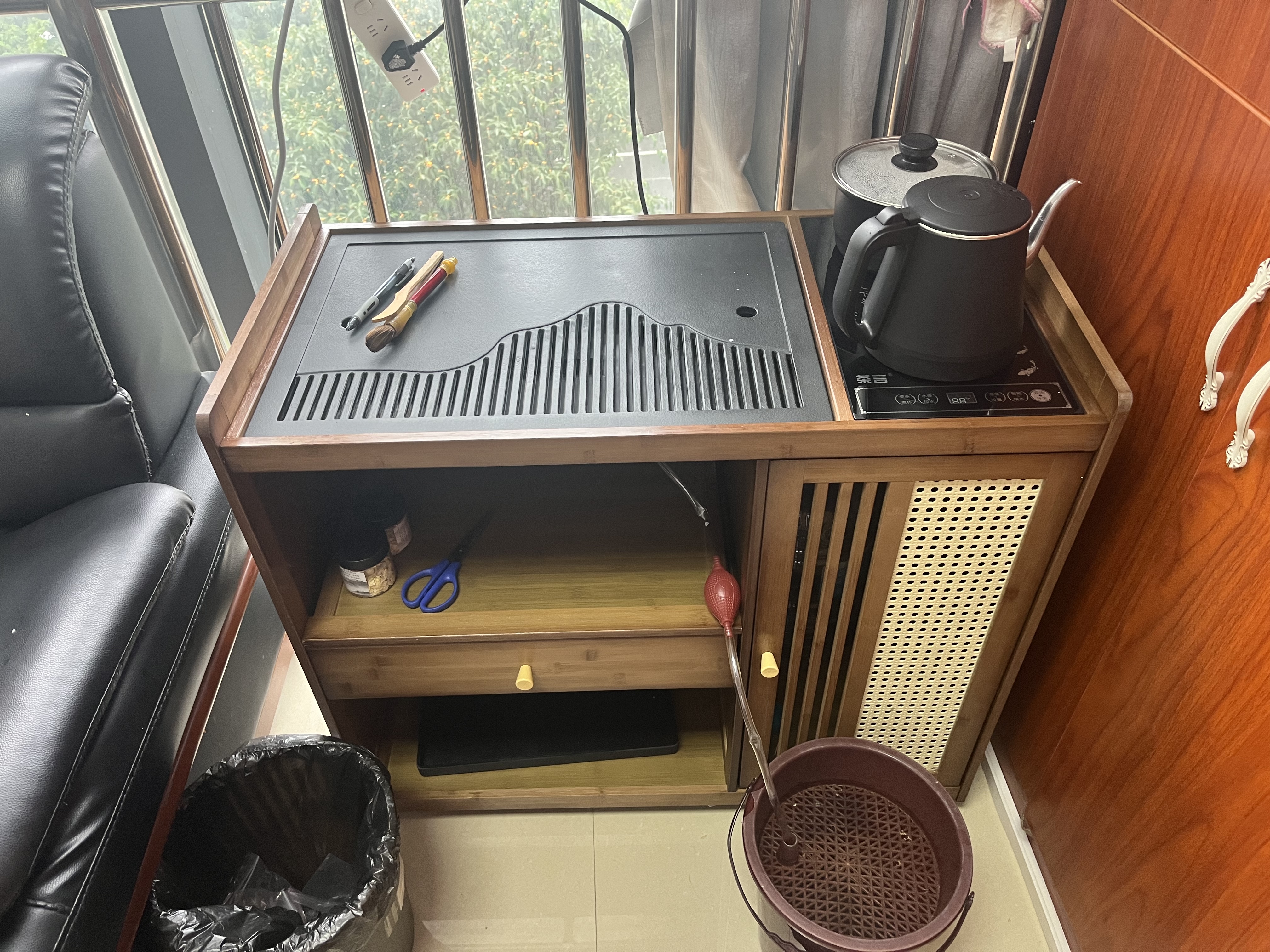 木马人移动茶桌家用小茶台客厅泡茶车茶几茶具套装自动烧水壶一体茶水柜 【乌金石面板】茶色-80长单抽单门+防烫全自动电器 实拍图