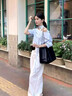 妍莉芬（yanlifen）韩系穿搭女装套装夏季设计感斜肩蓝色衬衫阔腿裤子两件套女新款 蓝色衬衫+白色裤子 S 实拍图