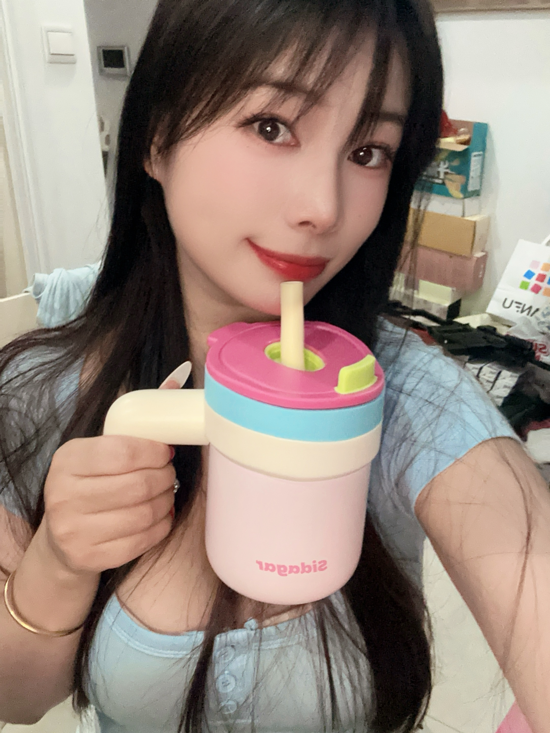 世大家保温杯女生水杯高颜值大容量玻璃内胆桌面咖啡吸管杯新款双胆杯子 实拍图