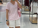 优衣库竹节纱V领T恤/短袖女装纯棉打底休闲百搭26春夏新款483460 483460/10水粉色 L 实拍图