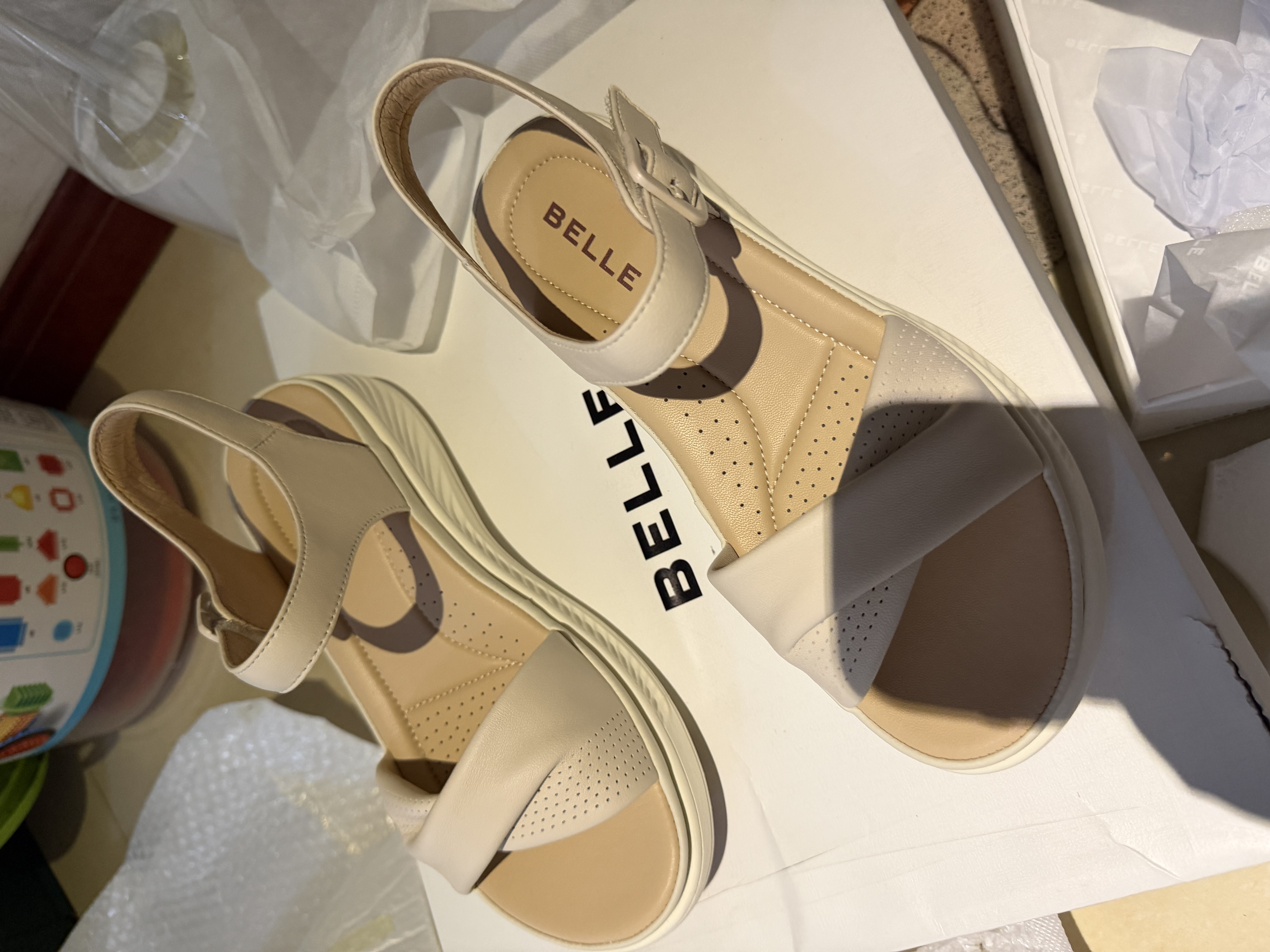 百丽（Belle）宽条带休闲凉鞋女商场同款真皮厚底凉鞋D6N2DBL5预售 米白 38 (240mm) 实拍图
