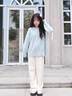 舒芳蝶（shufangdie）春装针织开衫两件套女高级感慵懒风盐系穿搭毛衣垂感阔腿裤套装潮 蓝色毛衣+杏色阔腿裤 M 实拍图