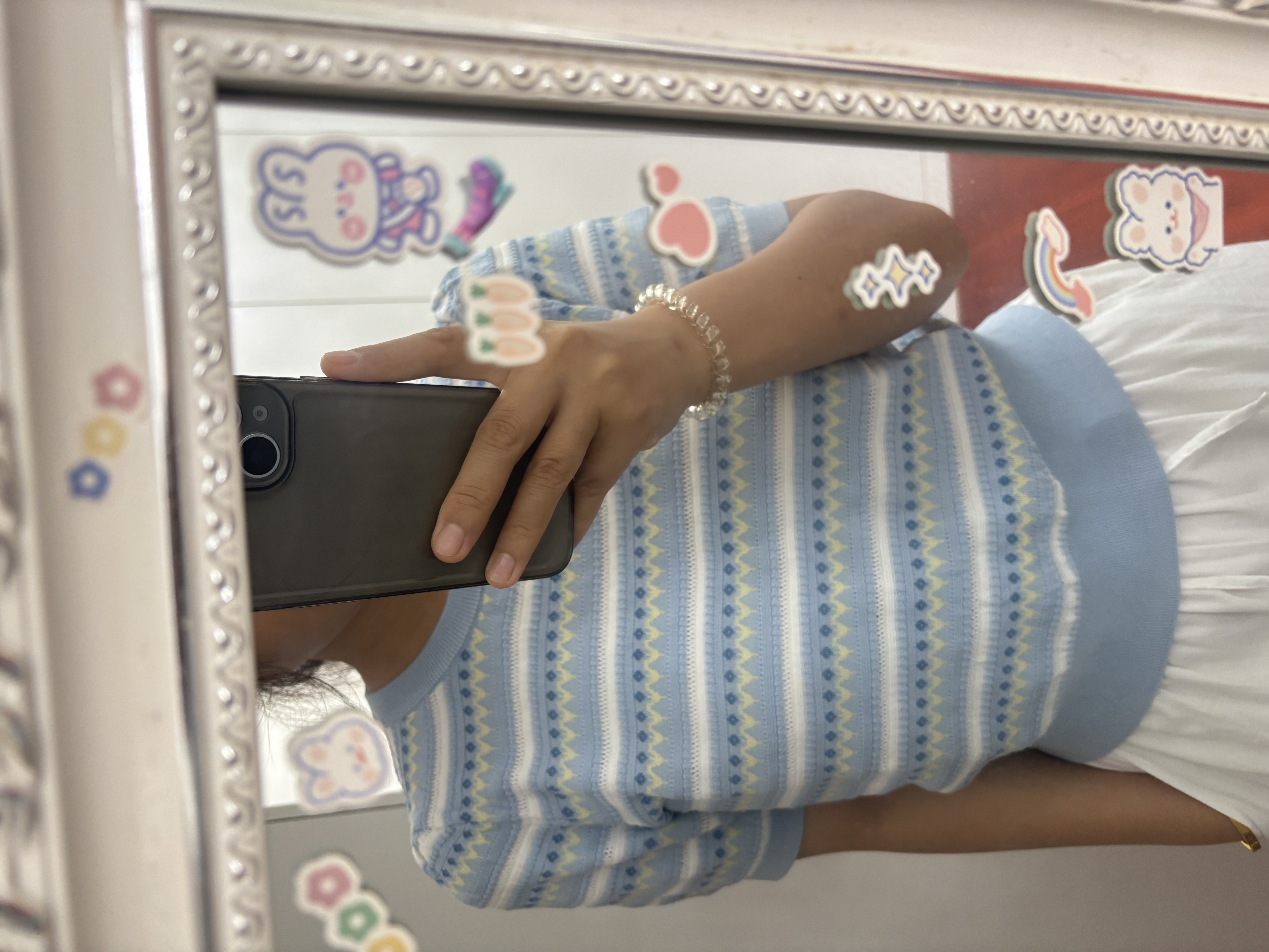 茵曼【秀场同款】索罗纳凉感条纹短袖女26夏针织衫上衣蓝色L 实拍图