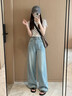 拉夏贝尔天丝软牛仔阔腿裤女2026夏轻薄款宽松垂感冰丝凉感直筒裤 蓝色 L 实拍图