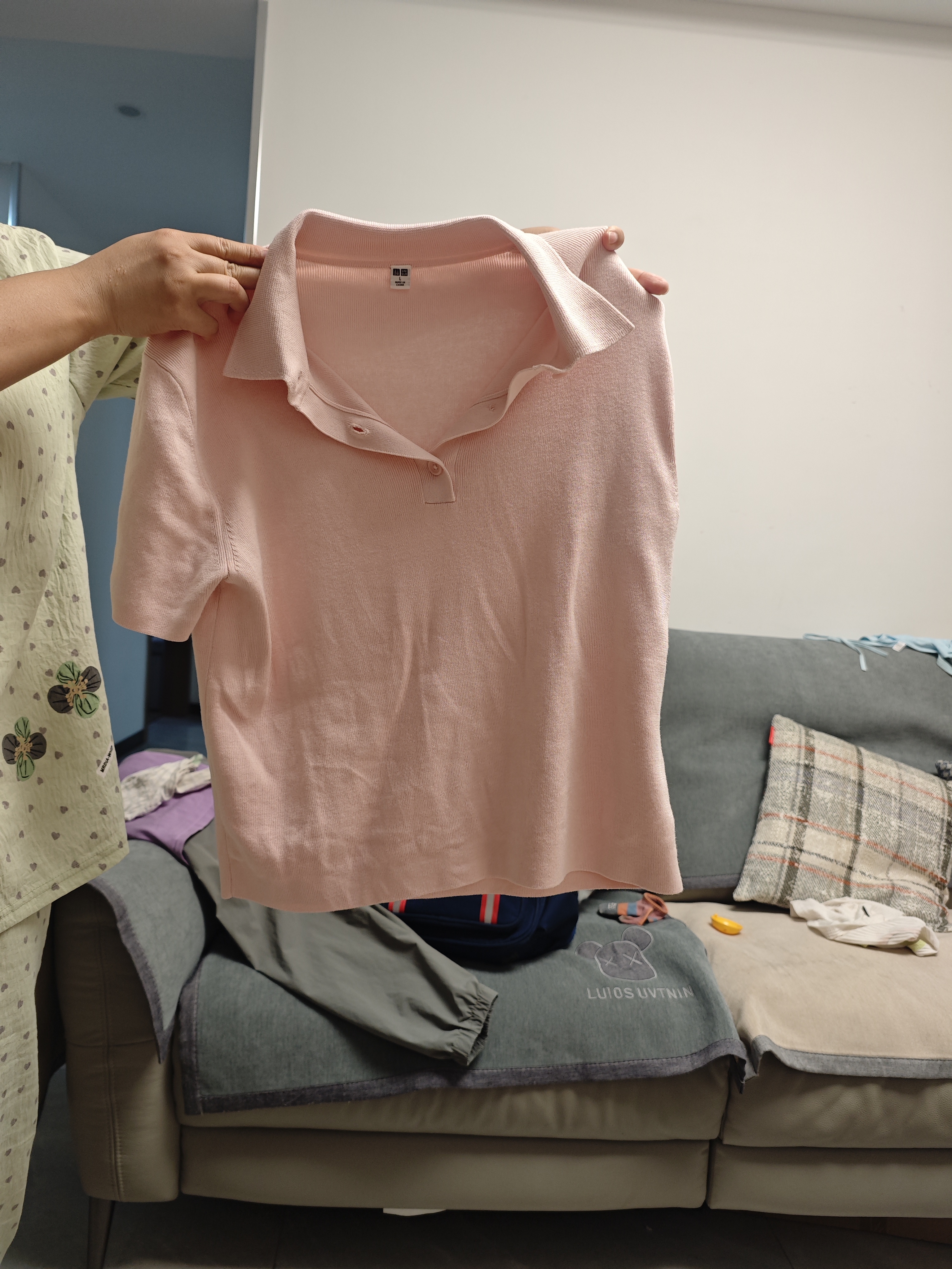 优衣库棉莫代尔混纺POLO领针织衫/短袖女装26春夏新款484607 11 粉红色 L 实拍图