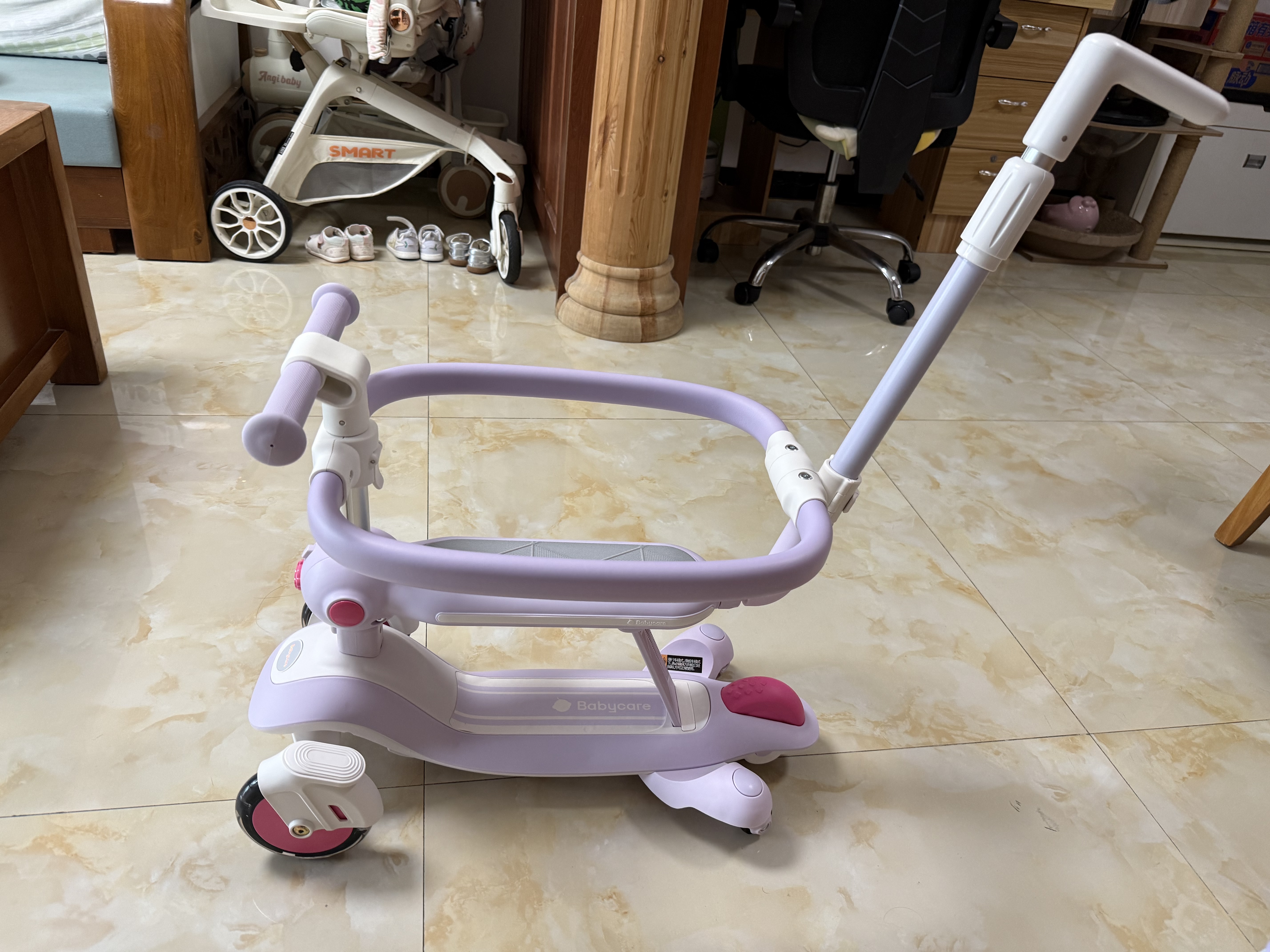 babycare儿童滑板车1-3-6岁多功能遛娃神器 黎空紫+车篮 实拍图