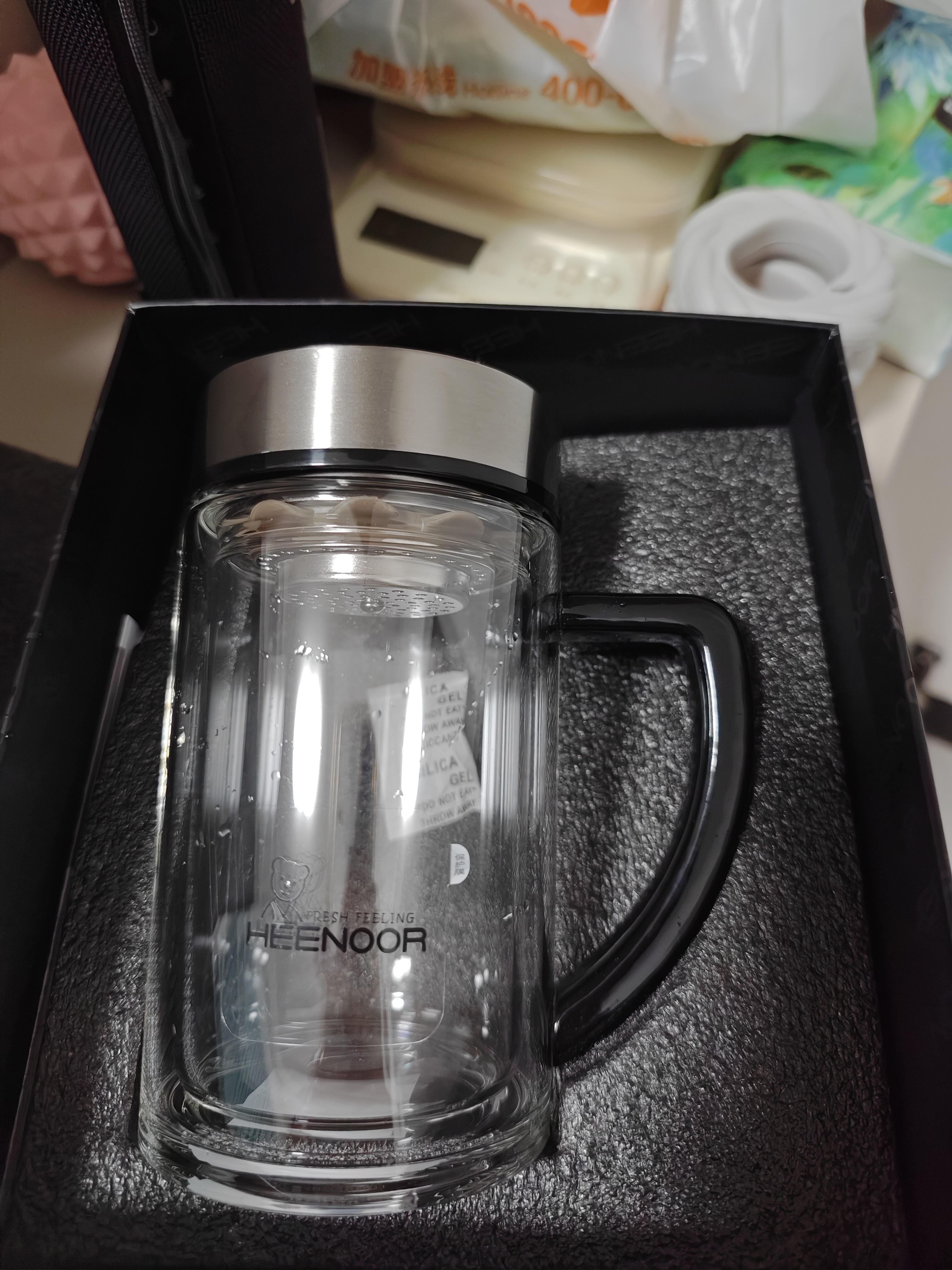 希诺双层玻璃杯带把手高档泡茶杯子男家用办公透明水杯XN-9321 435mL 实拍图