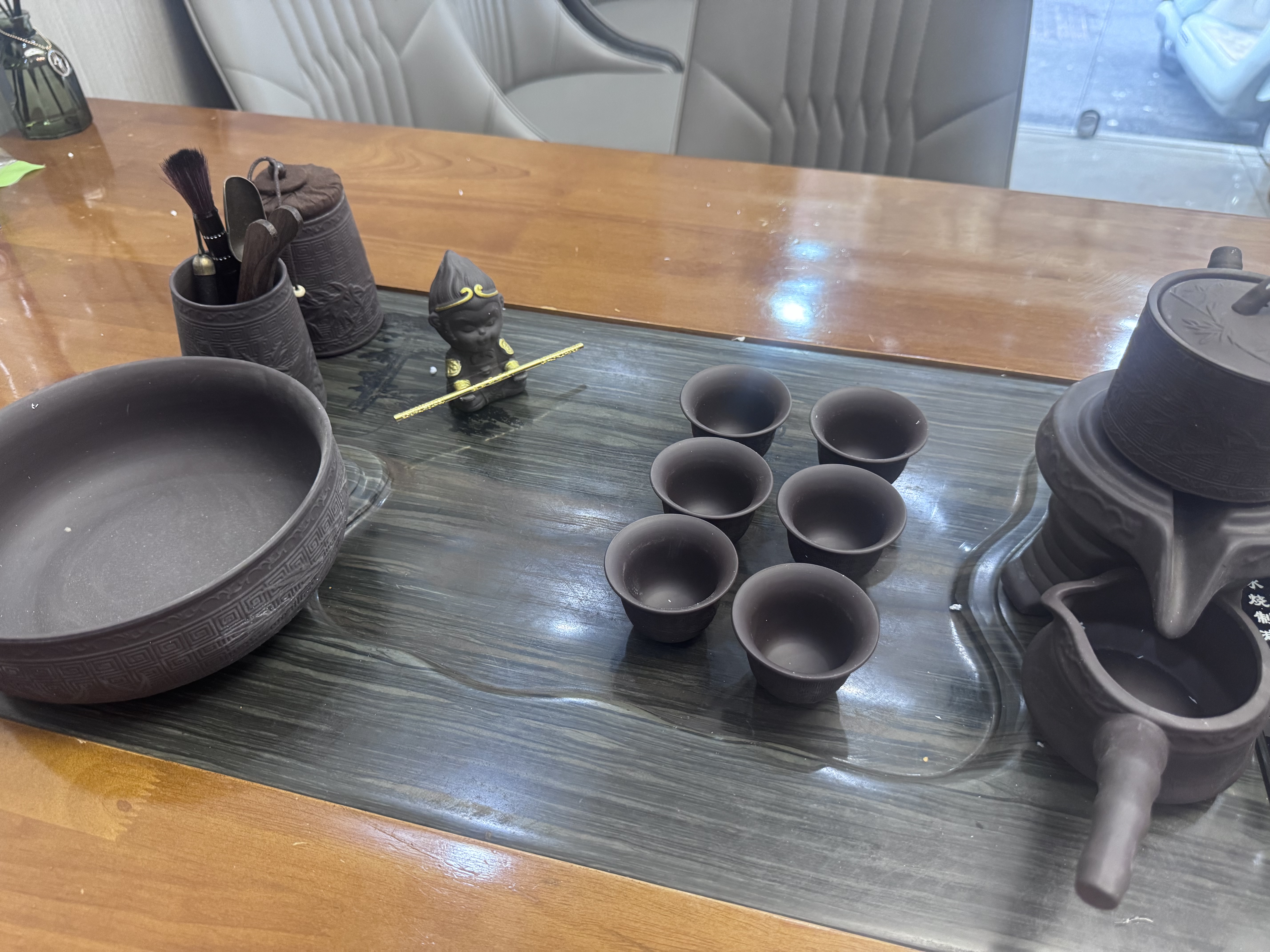 瓷牌茗茶具紫砂自动茶具套装旋转出水懒人功夫茶具家用办公泡茶器悟空茶宠 紫砂《文竹》自动茶具+茶道+茶叶罐+茶洗小悟空 实拍图