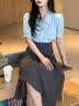 邦帛世纯色衬衫短袖女2026夏新款气质高级感衬衣工装职业面试通勤日常装 雪纺衬衫【V领-蓝】 M 实拍图