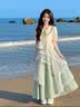 欧迪惠（Oudihui）2026新款夏季旅游绿色连衣裙女装套装穿搭衣服森系裙子显瘦三件套 杏色衬衫+绿色裙子+蕾丝【无腰绳】 S 【建议80-95斤】 实拍图