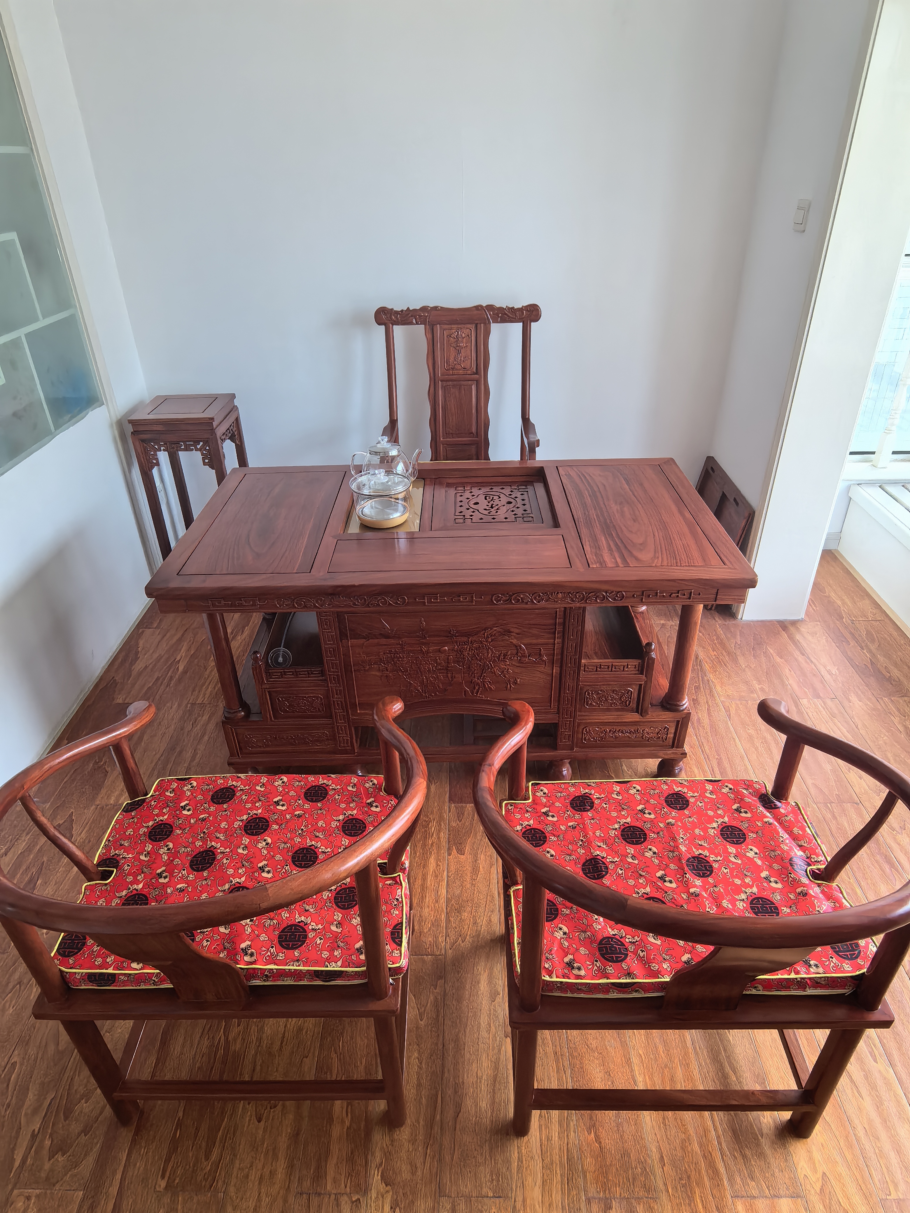 安邸红木家具 非洲花梨（学名:刺猬紫檀）茶几桌实木茶桌功夫茶桌茶台新中式茶桌椅组合 1.38牡丹茶桌+1豪华主人椅+2圈椅 实拍图