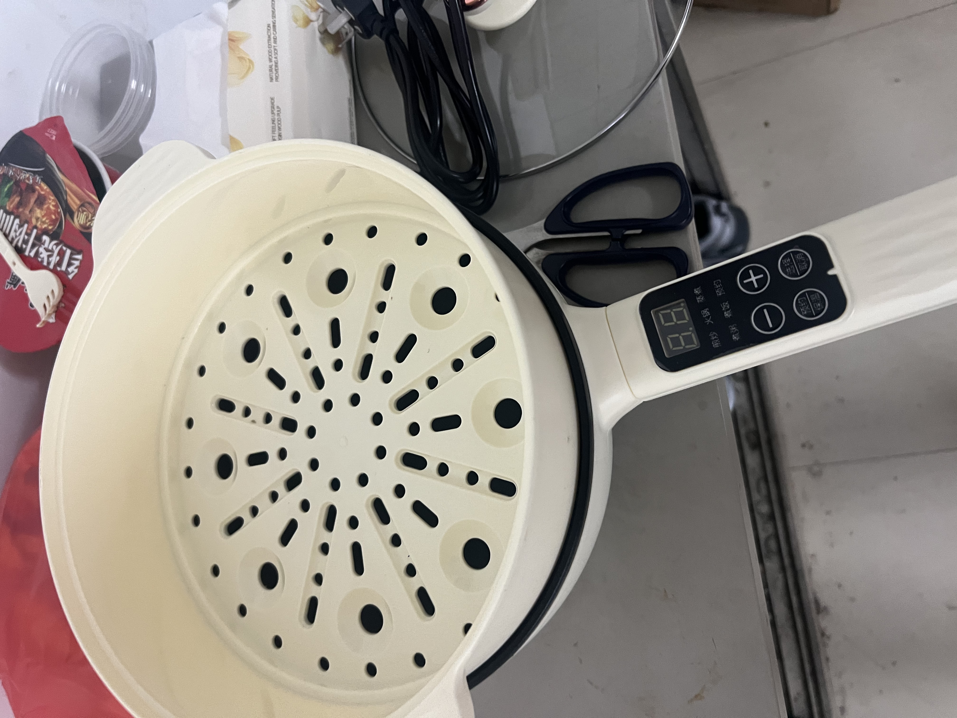 牧利派电炒锅炒菜电煮锅电火锅多功能家用电热锅多用途锅不粘锅一锅多用蒸煮煎炒一体锅小家电料理锅插电 米白色-电炒锅不粘锅 带木铲【配加长电线】 特厚款3.5升 智能款+蒸笼 1-3人 实拍图