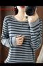 LOVER RUCCI法国纯棉秋冬季新款圆领条纹卷边针织衫女纯棉线长袖t恤宽松打底 灰蓝色 XL 实拍图
