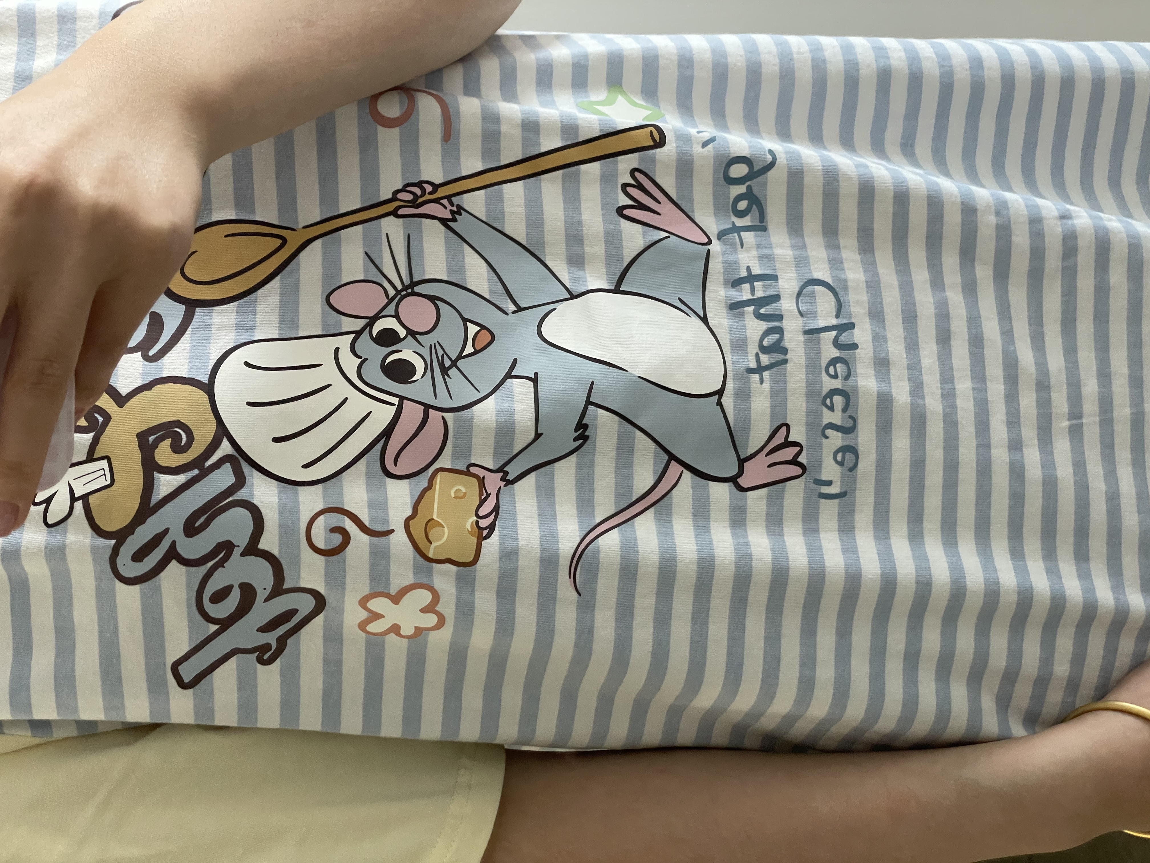 果壳（Gukoo）睡衣女夏季原创卡通可爱条纹插肩袖纯棉宽松女家居服睡裙B 海湾蓝料理鼠王睡裙 L 实拍图