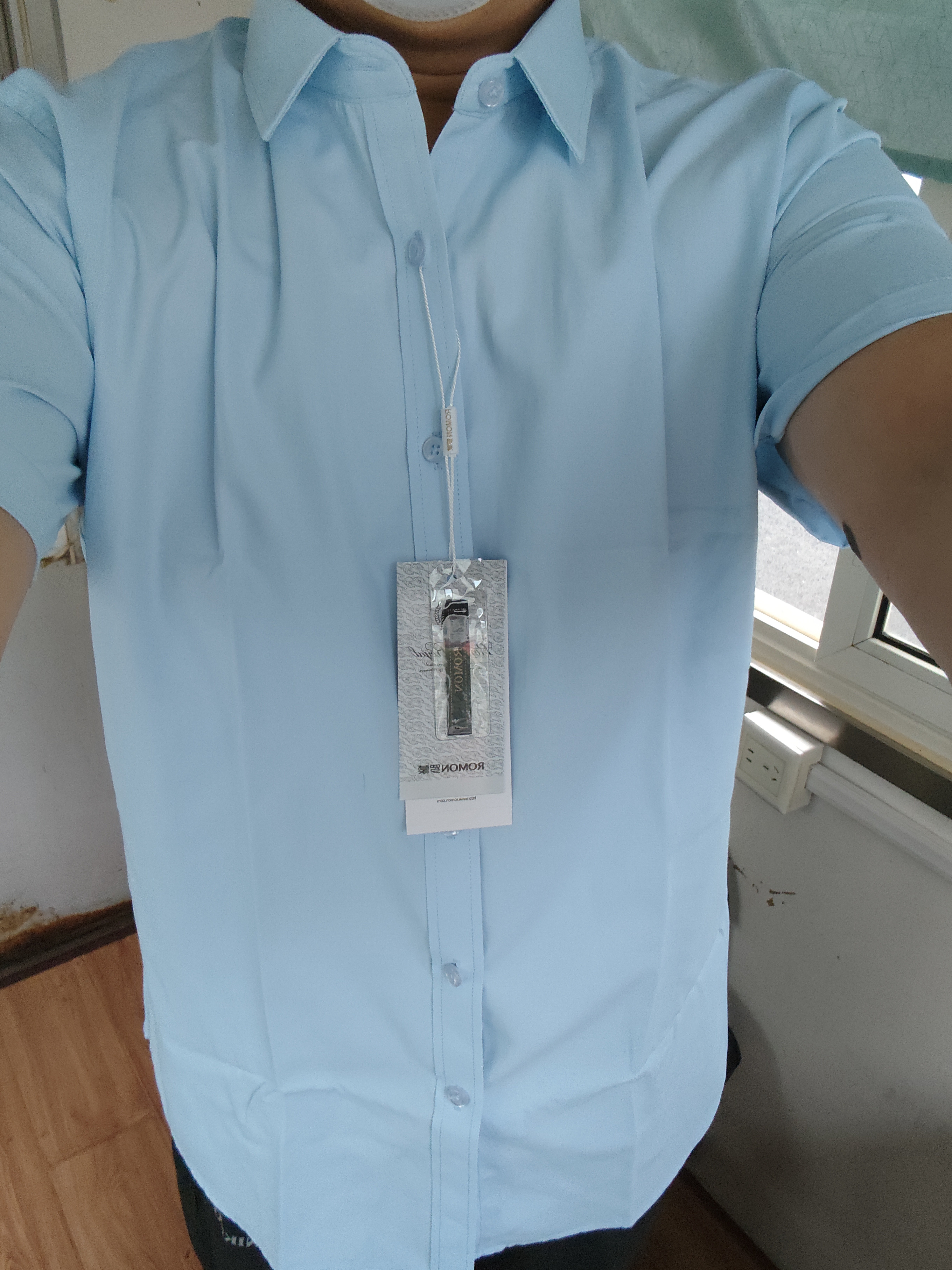 罗蒙（ROMON）纯色商务职业正装男士白衬衫工装男装短袖衬衣男CS72蓝色4XL 实拍图