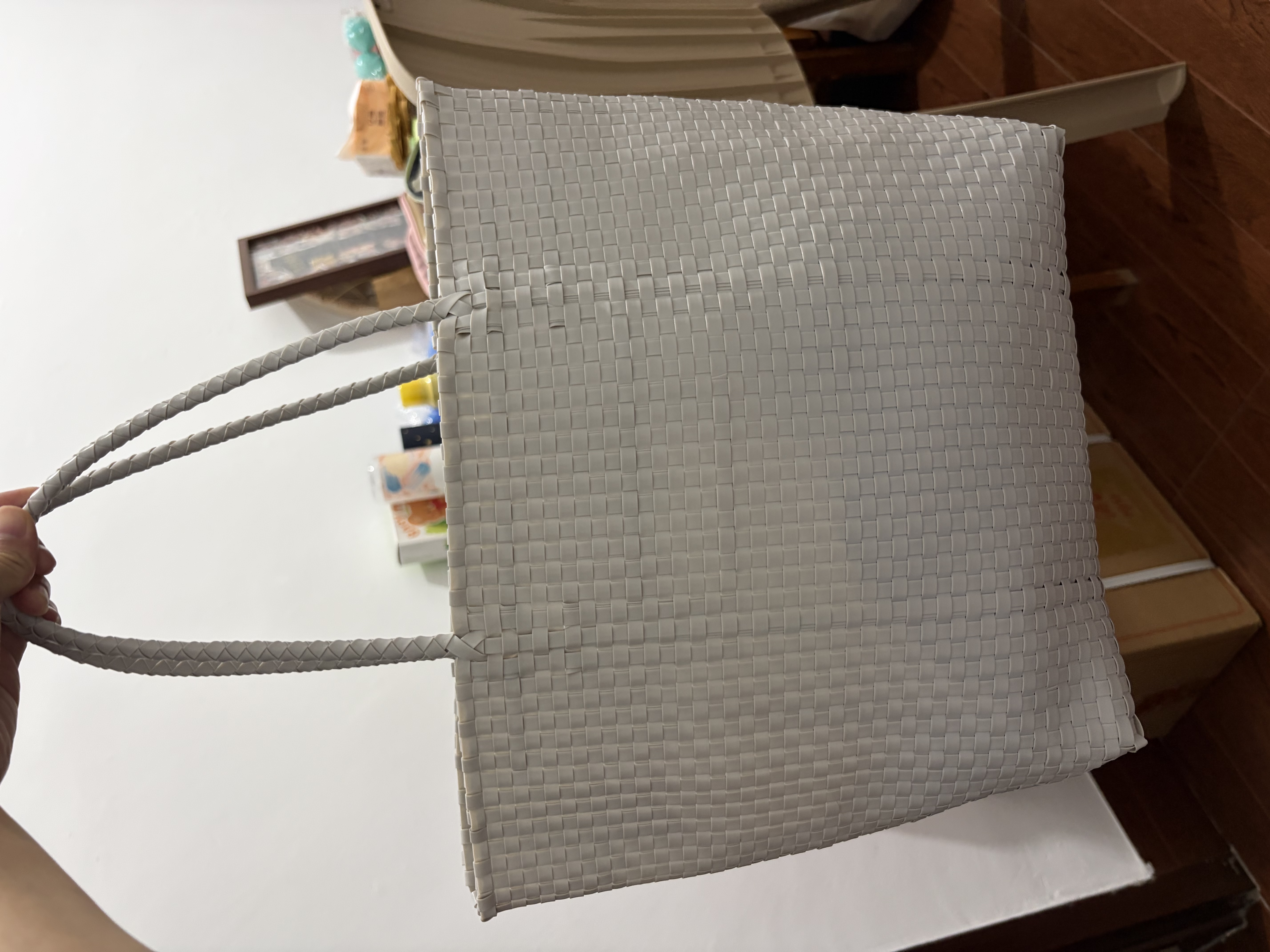 MUJI 手编包 环保材料 手提包菜篮子 编织包草编包 包包 女包 浅灰色 大 长30*宽12*高30cm 实拍图