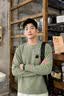 名创优品（MINISO）重磅长袖t恤男春季质感华夫格青少年休闲潮流打底衫 棕榈绿 L 实拍图