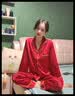 浪莎红色结婚情侣睡衣女夏季薄款冰丝长袖本命年男睡衣家居服套装礼盒 爱心红/双长款（礼盒装） L 女【建议体重100-120斤】 实拍图