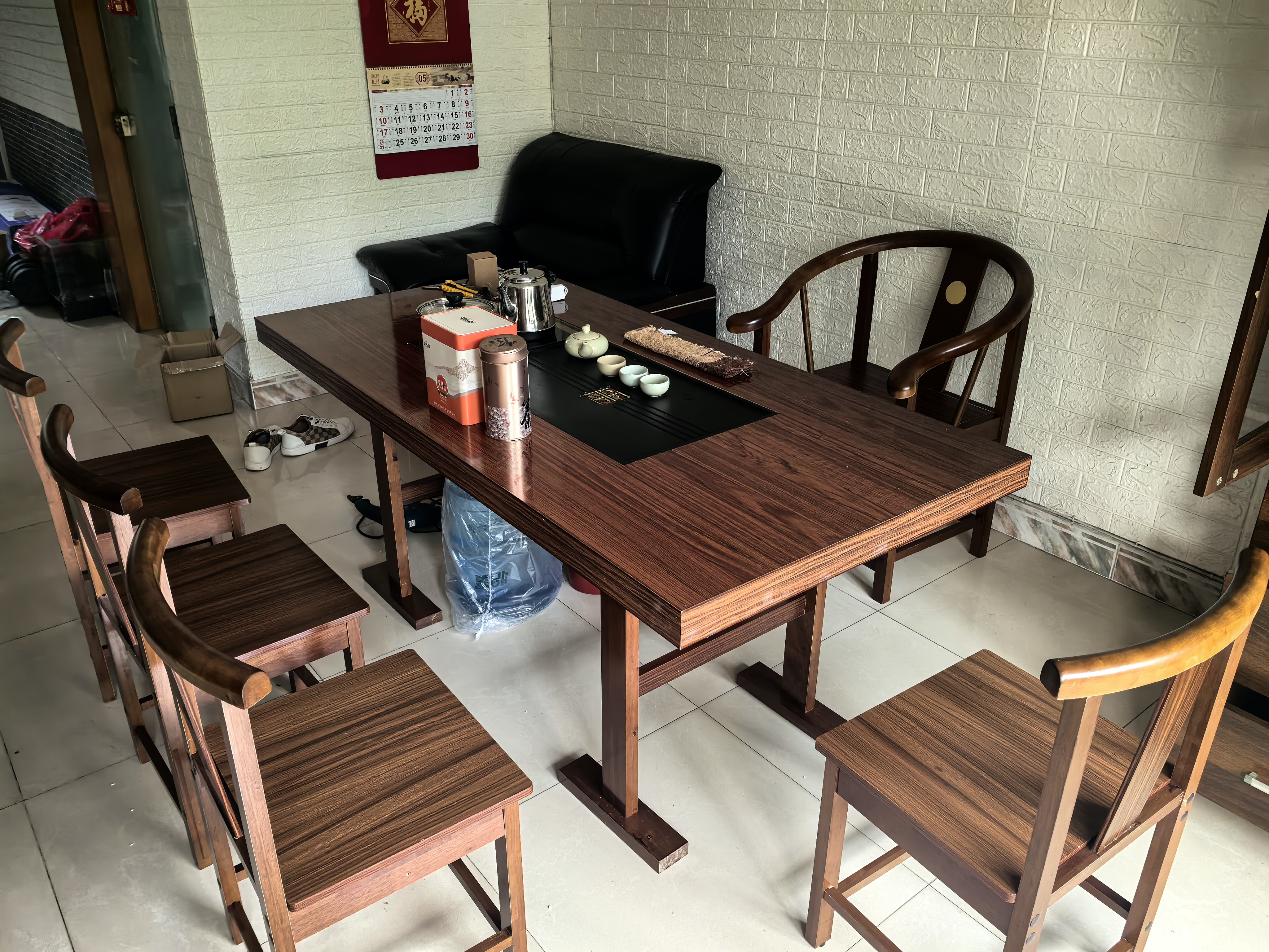 赣荣大板茶桌椅组合实木客厅茶几茶具套装一体新中式喝茶办公两用茶台 1.6M石盘茶桌1围椅4月牙椅 实拍图