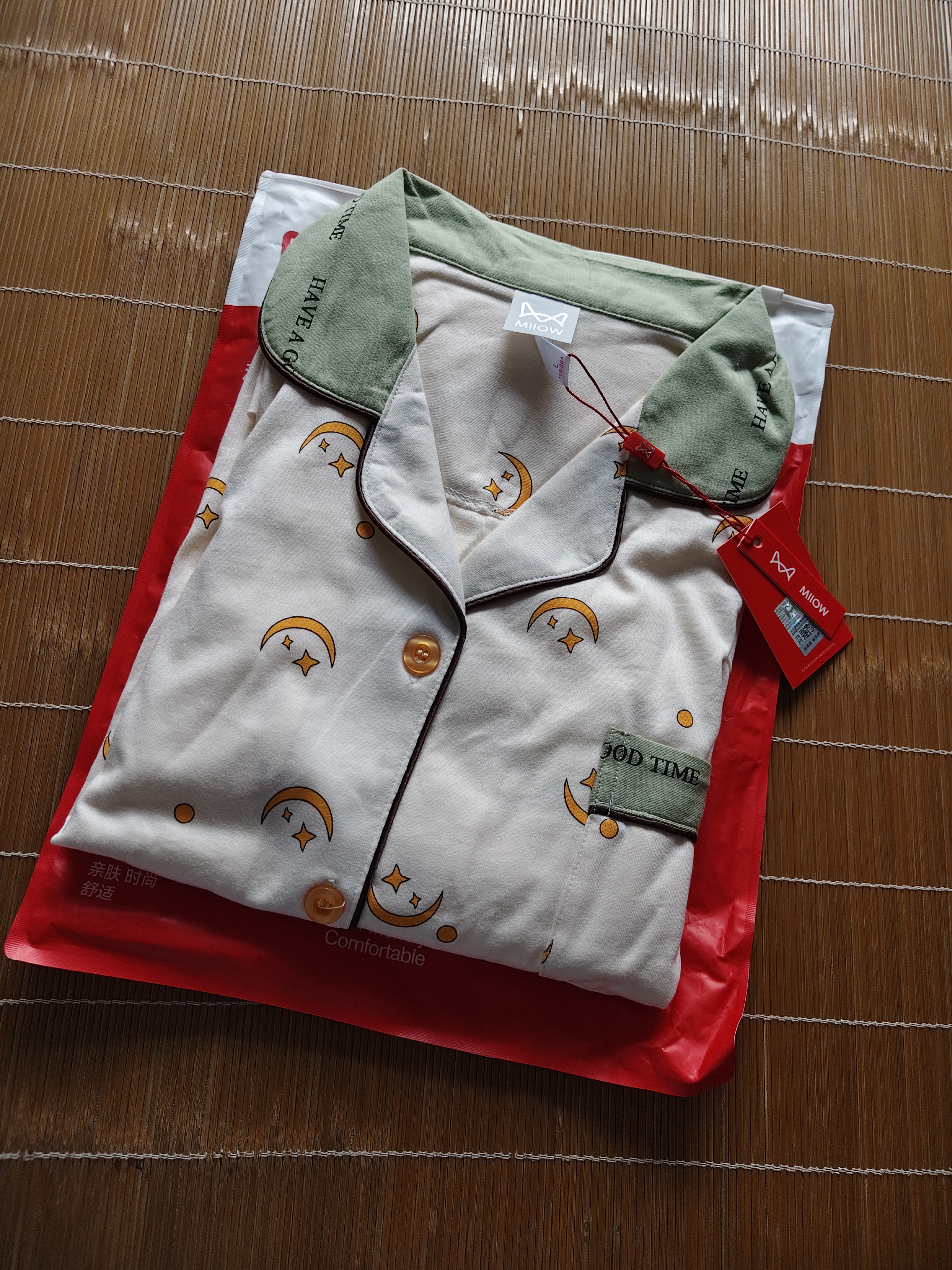 猫人【10A抗菌纯棉防螨】睡衣女士春季性感星月印花可外穿家居服奶白L 实拍图
