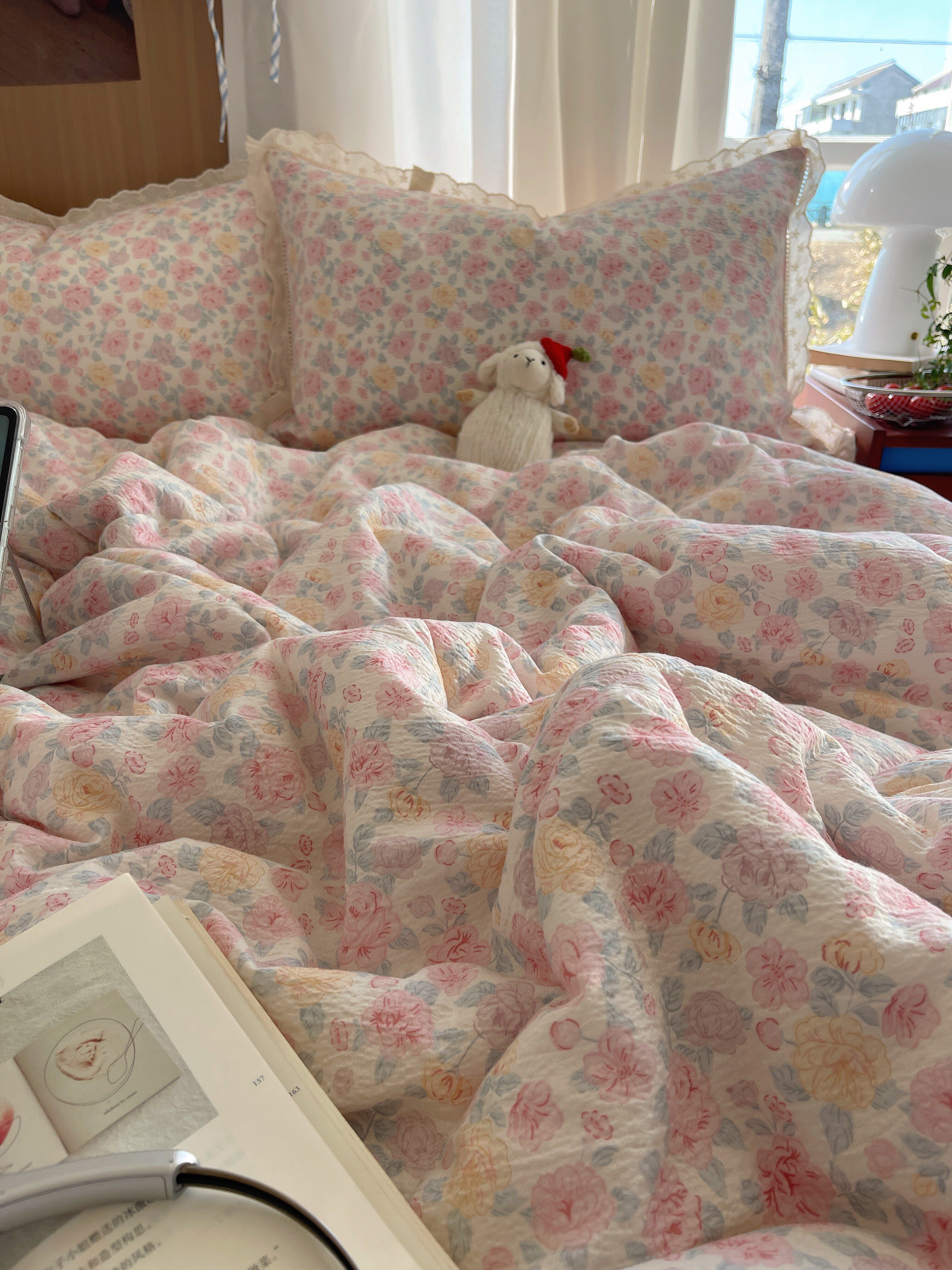 红蜻蜓（RED DRAGONFLY）双层纱夏凉被四件套可机洗裸睡空调被夏季双人花边薄款被子四季被 粉黛蔷薇【双层纱全棉花边夏被】 【夏被四件套】200x230cm夏被+床单+1对枕套 实拍图