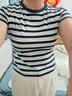 三彩【莱赛尔】撞色条纹上衣修身短袖T恤2026夏季新款女装短款套头衫M 藏青色条纹 L 165/88A 实拍图