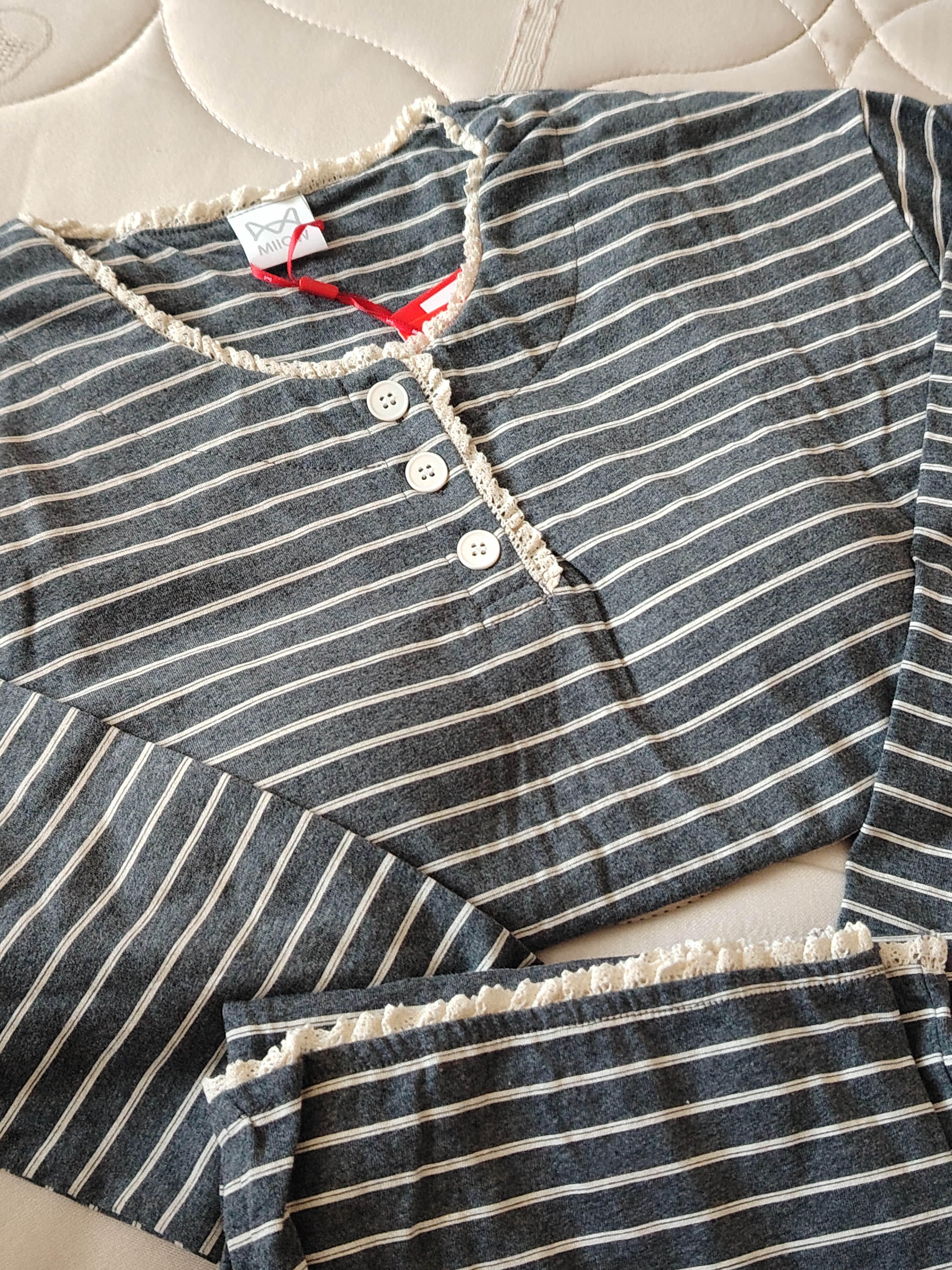猫人【带胸垫】女士睡衣女秋季长袖纯棉家居服条纹显瘦可外穿家居服L 实拍图